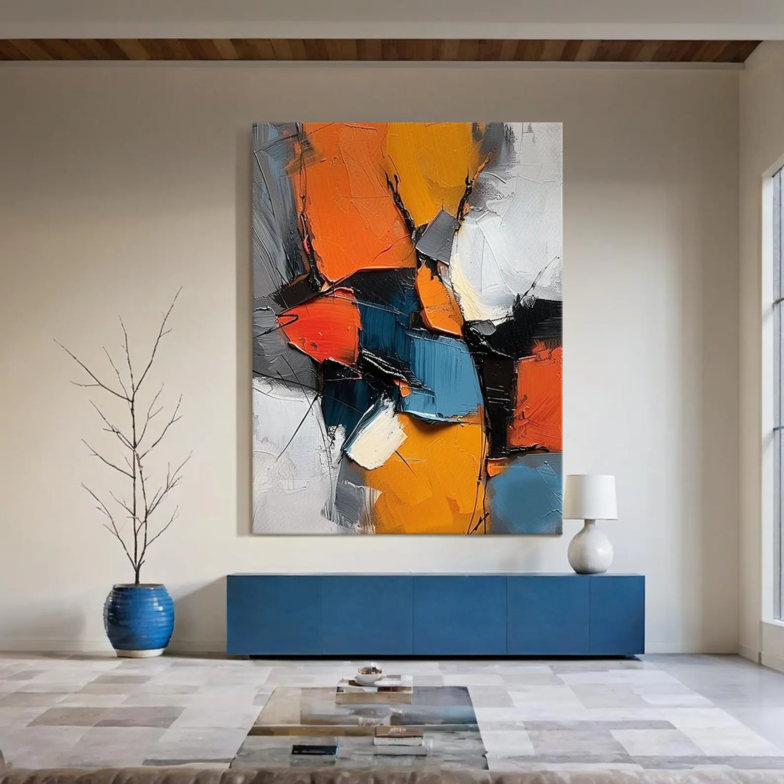 Abstract Energy – Bold Orange and Blue Textured Canvas Art