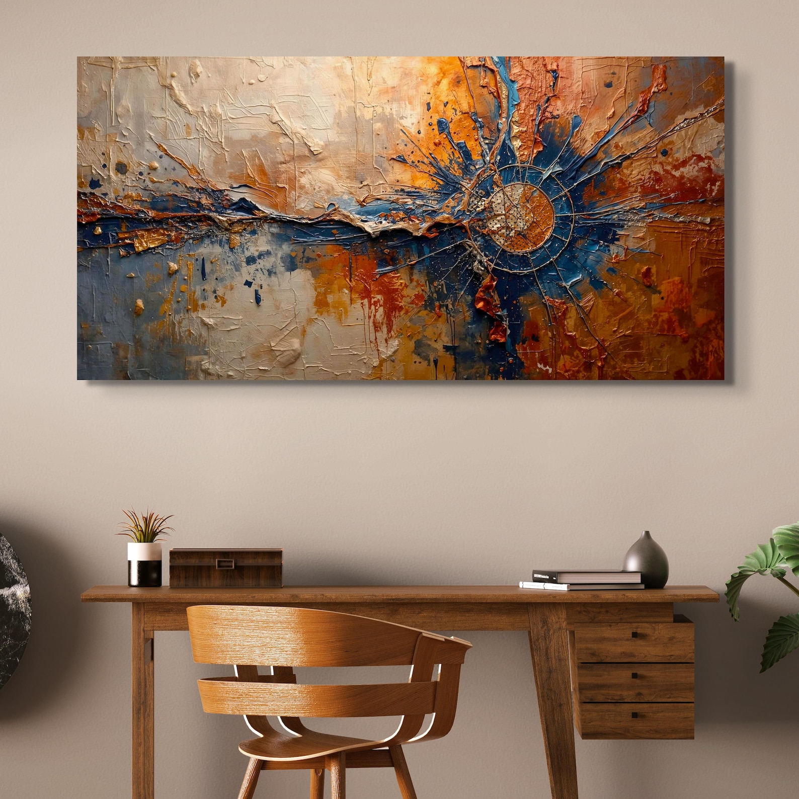 Solar Radiance – Hand-Painted Textured Abstract Oil Painting with Warm Blue & Orange Tones