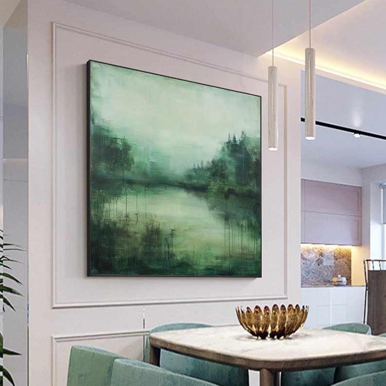 Emerald Silence – Textured Abstract Forest Lake Oil Painting