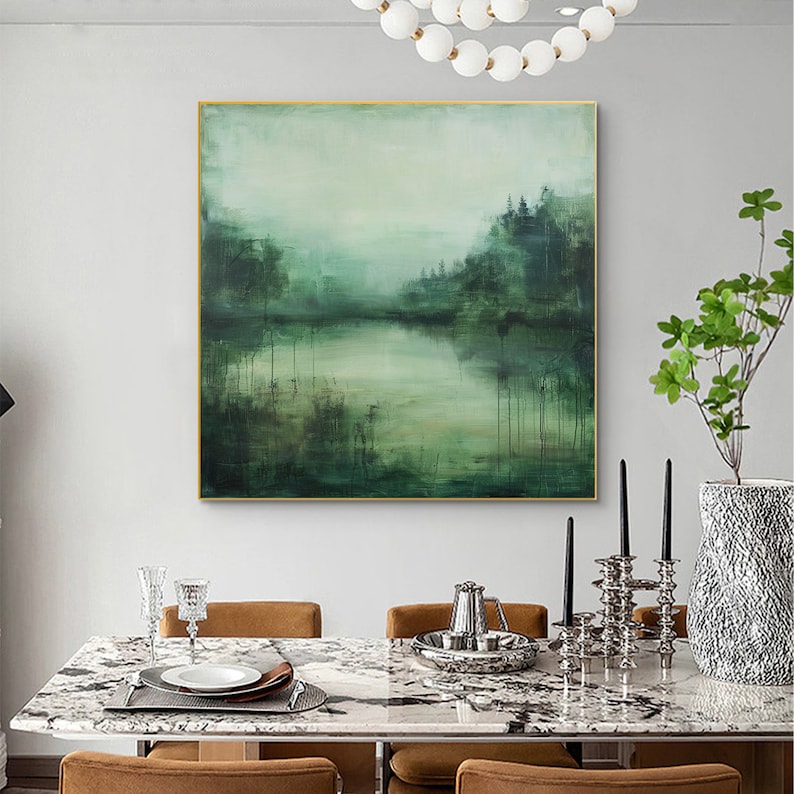 Emerald Silence – Textured Abstract Forest Lake Oil Painting