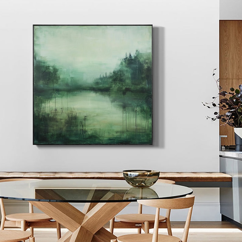 Emerald Silence – Textured Abstract Forest Lake Oil Painting