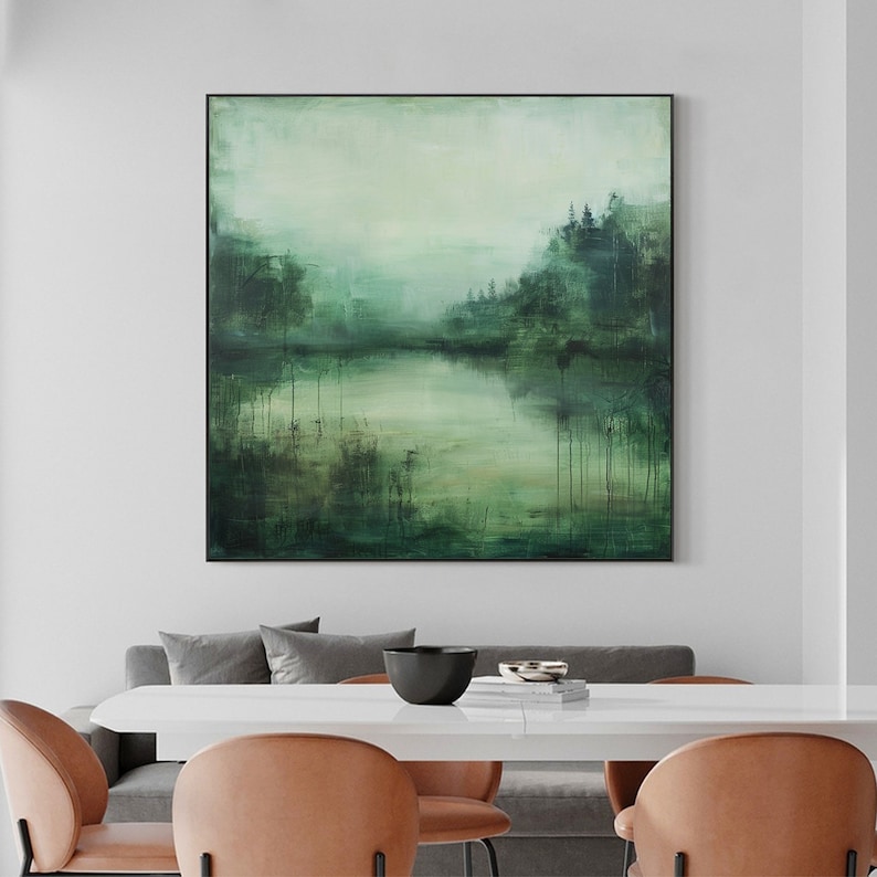 Emerald Silence – Textured Abstract Forest Lake Oil Painting