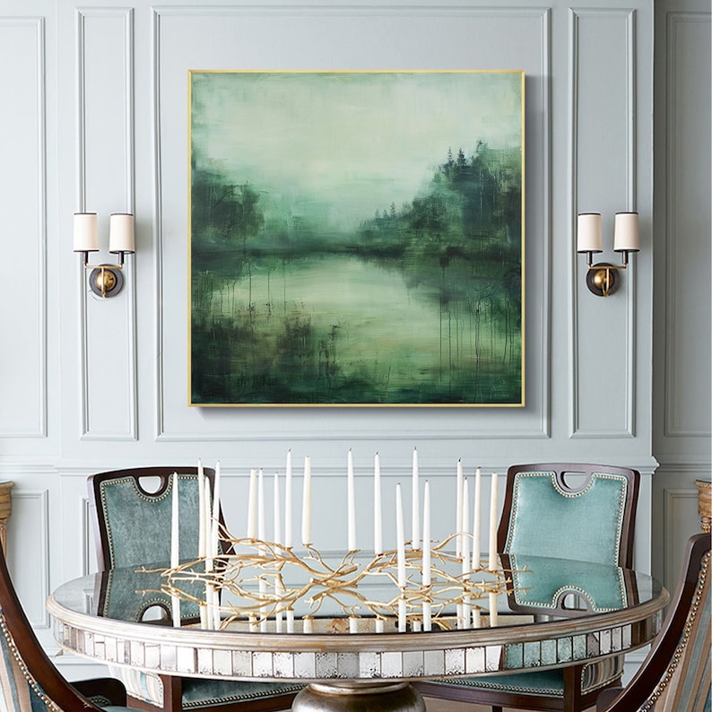 Emerald Silence – Textured Abstract Forest Lake Oil Painting