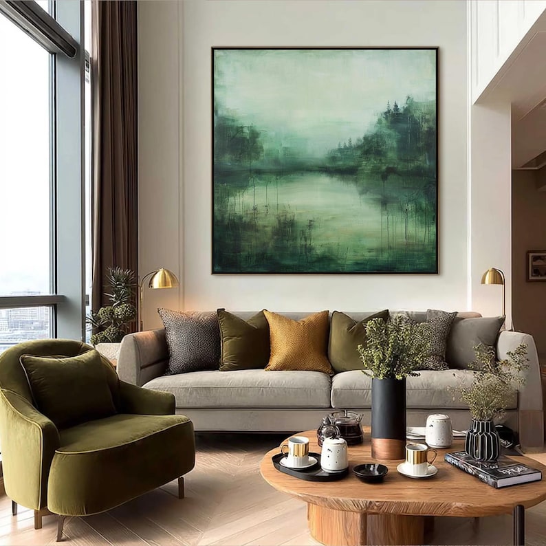 Emerald Silence – Textured Abstract Forest Lake Oil Painting