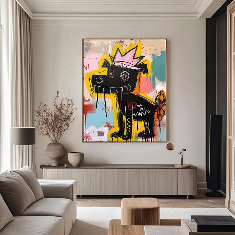 Graffiti Dog Wall Art – Pop Art Crowned Dog Canvas Painting for Modern Home Décor