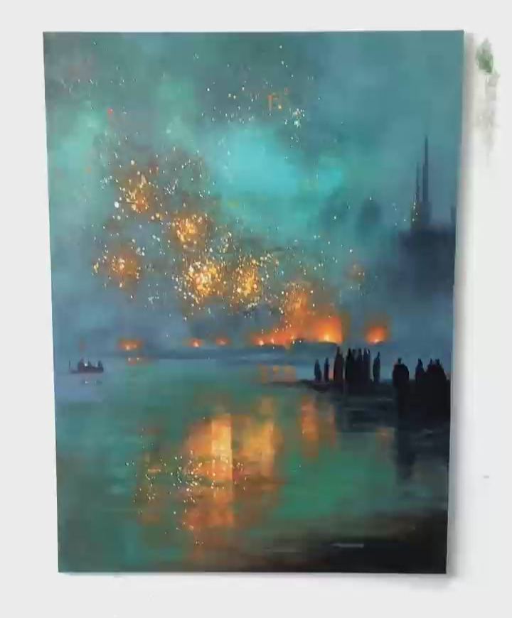 Ember Reflections – Modern City Night Oil Painting Golden Firelight Canvas Art