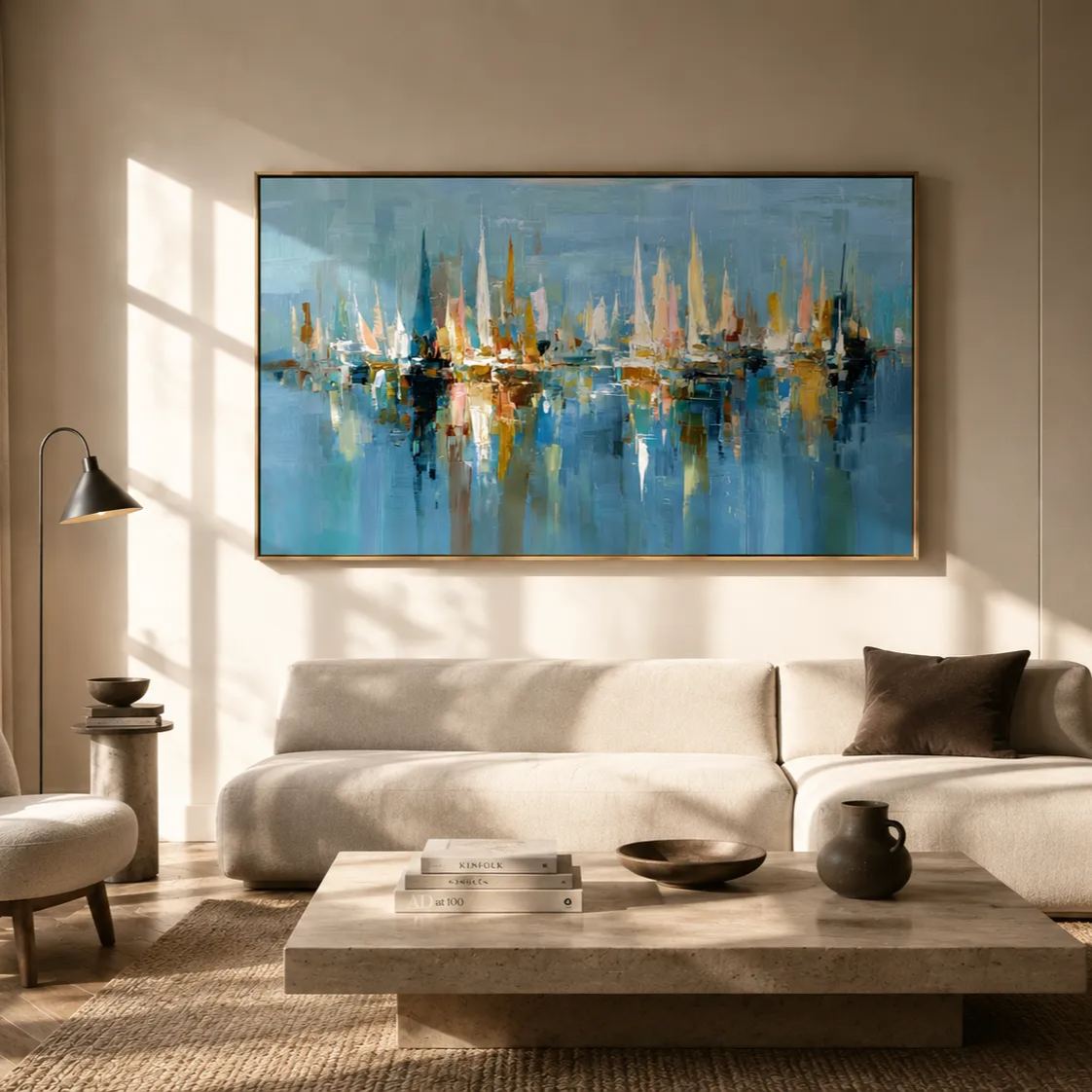 Harbor of Light – Abstract Sailboat Canvas Wall Art, Coastal Marina Painting for Modern Living Room Decor