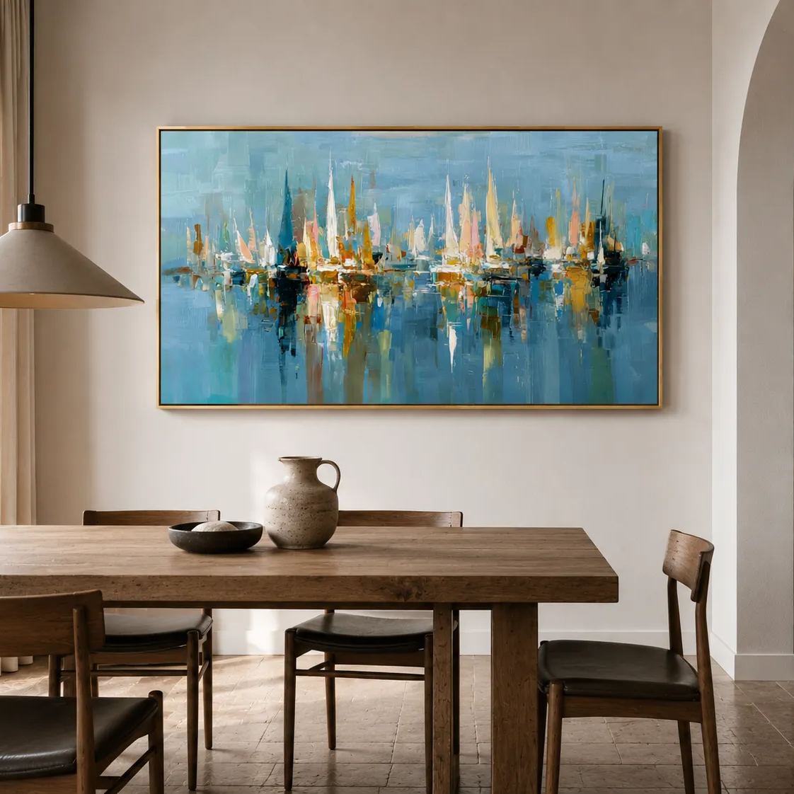 Harbor of Light – Abstract Sailboat Canvas Wall Art, Coastal Marina Painting for Modern Living Room Decor