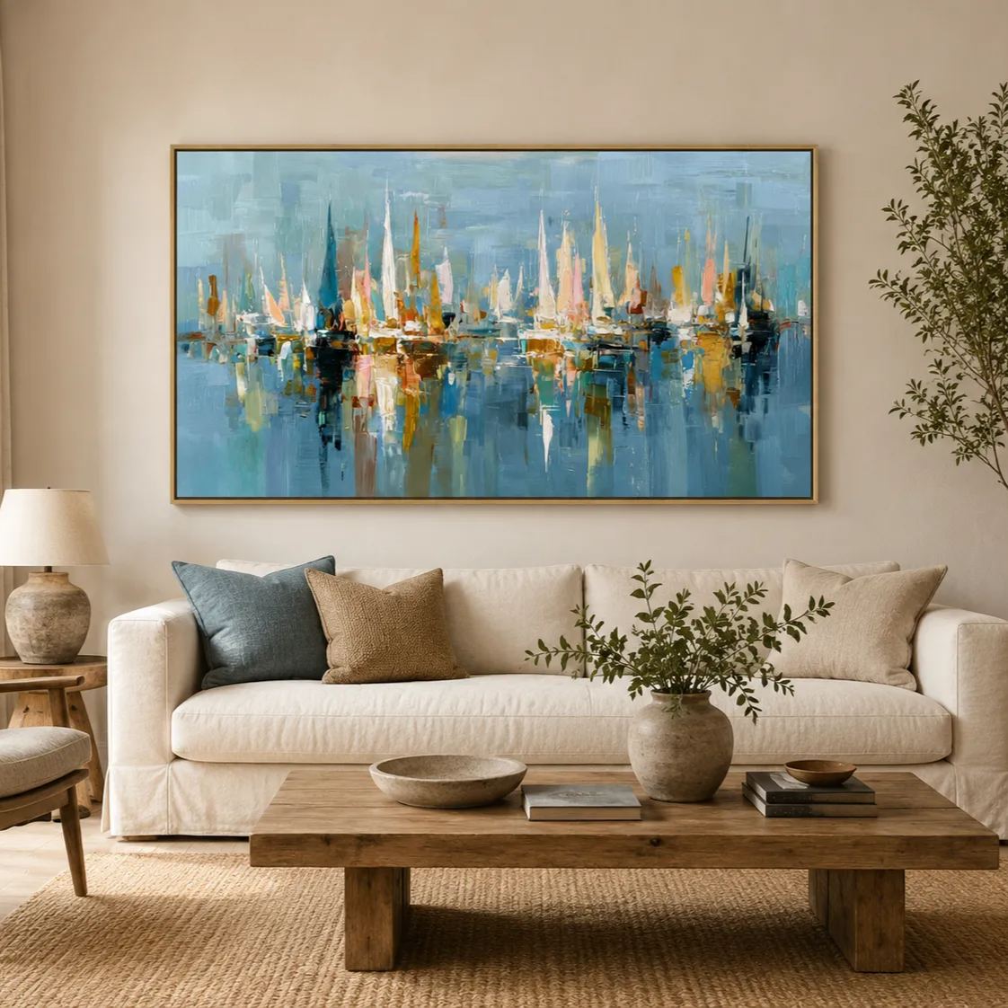 Harbor of Light – Abstract Sailboat Canvas Wall Art, Coastal Marina Painting for Modern Living Room Decor