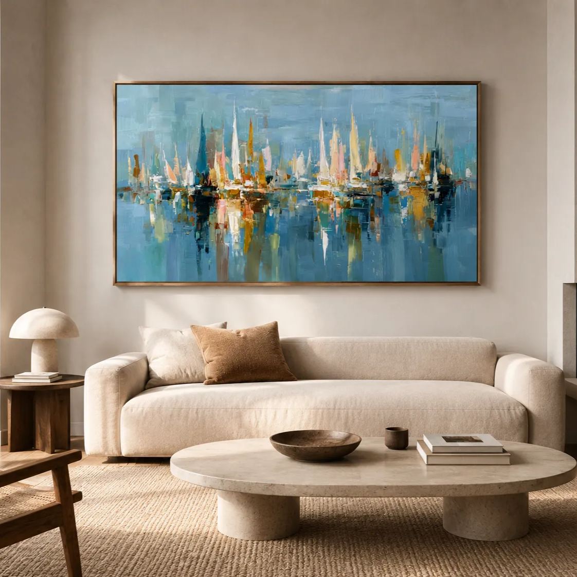 Harbor of Light – Abstract Sailboat Canvas Wall Art, Coastal Marina Painting for Modern Living Room Decor
