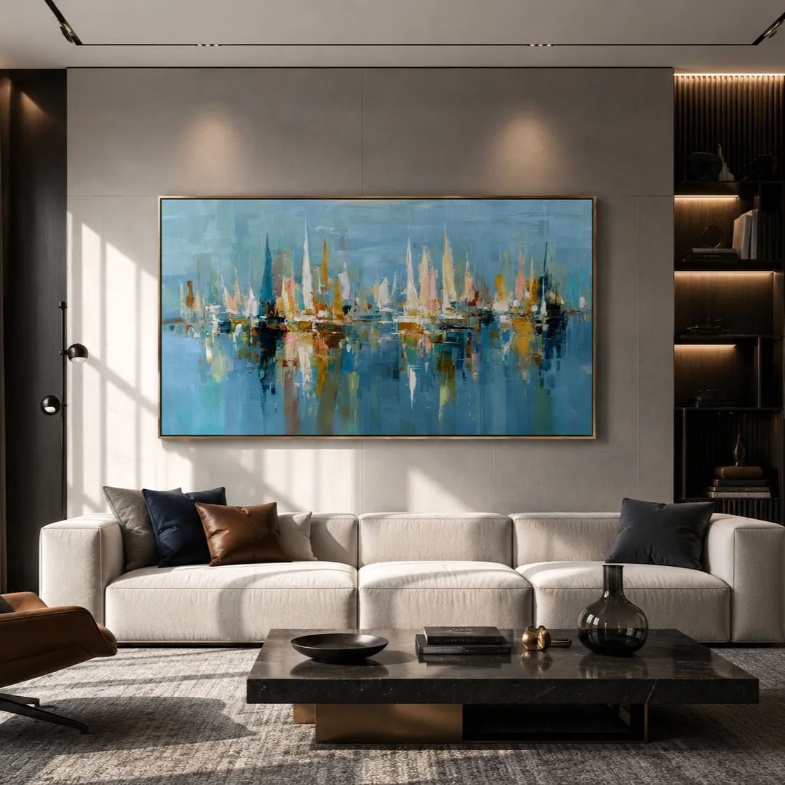 Harbor of Light – Abstract Sailboat Canvas Wall Art, Coastal Marina Painting for Modern Living Room Decor
