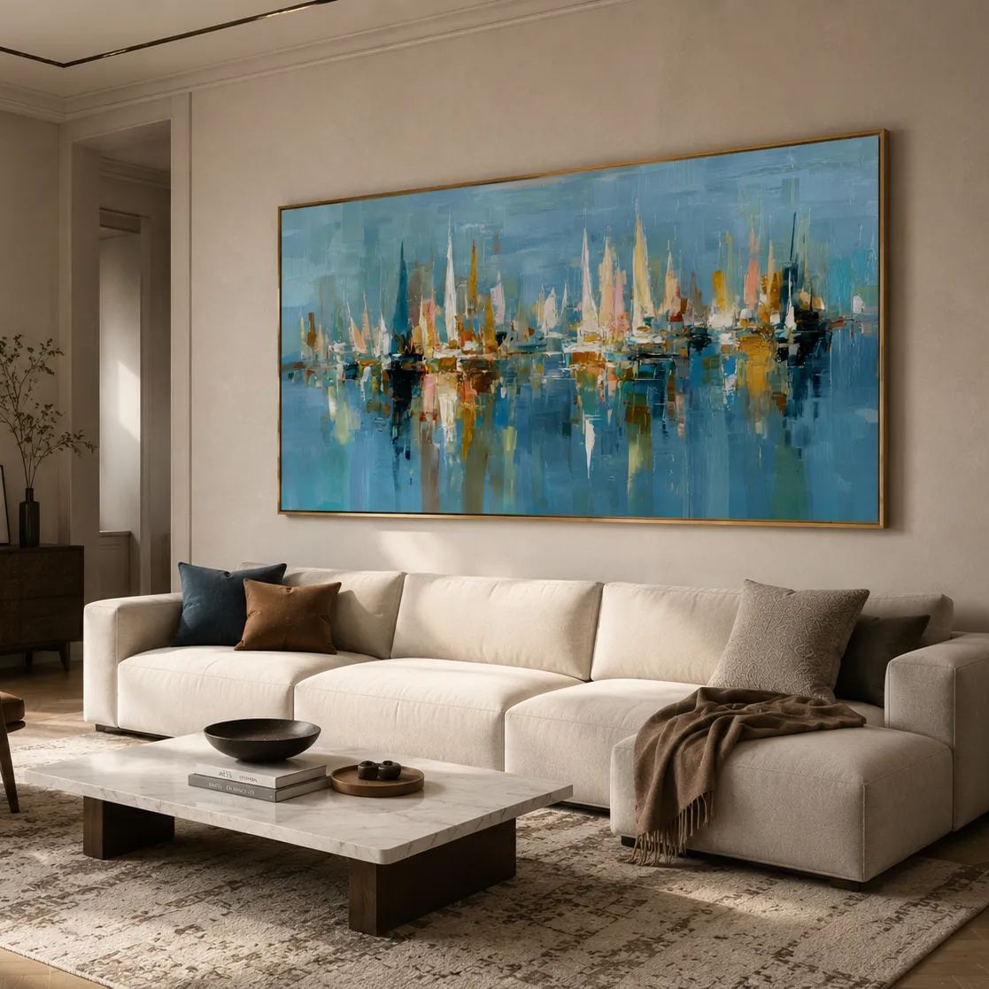 Harbor of Light – Abstract Sailboat Canvas Wall Art, Coastal Marina Painting for Modern Living Room Decor