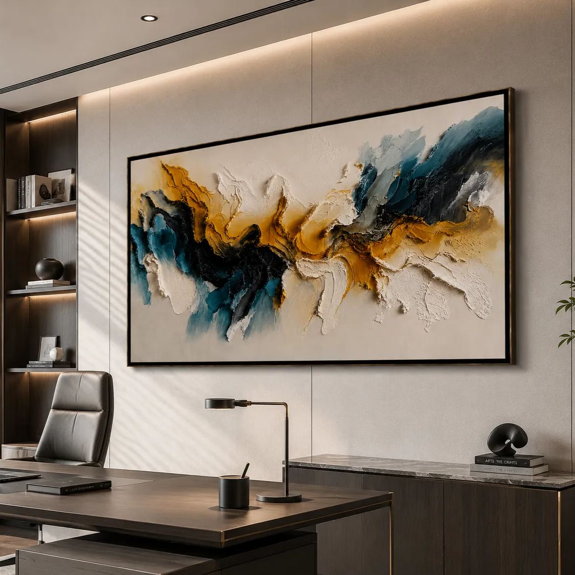Harmony in Contrast – Luxury Abstract Canvas Wall Art, Gold & Blue Textured Painting for Modern Living Room Decor
