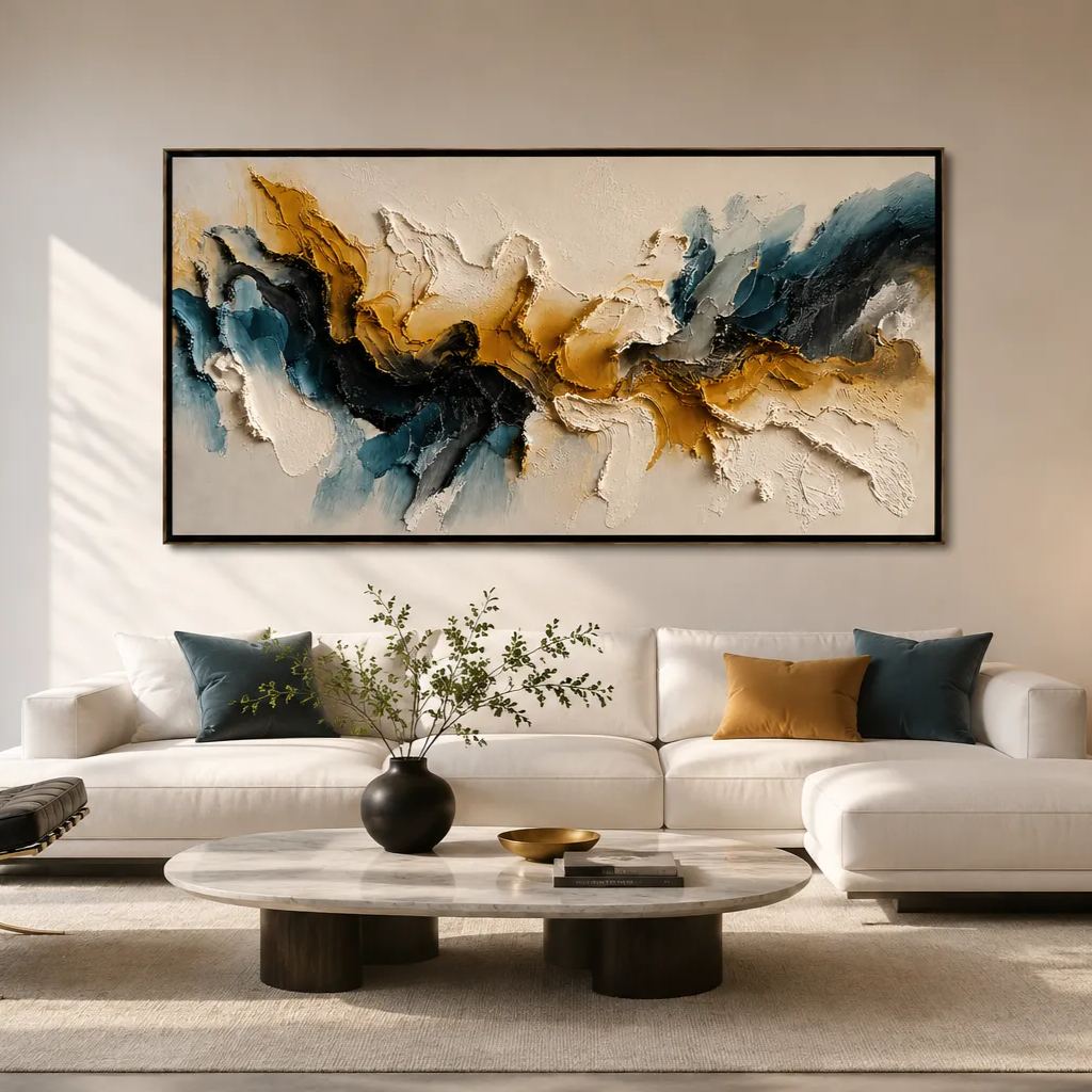 Harmony in Contrast – Luxury Abstract Canvas Wall Art, Gold & Blue Textured Painting for Modern Living Room Decor
