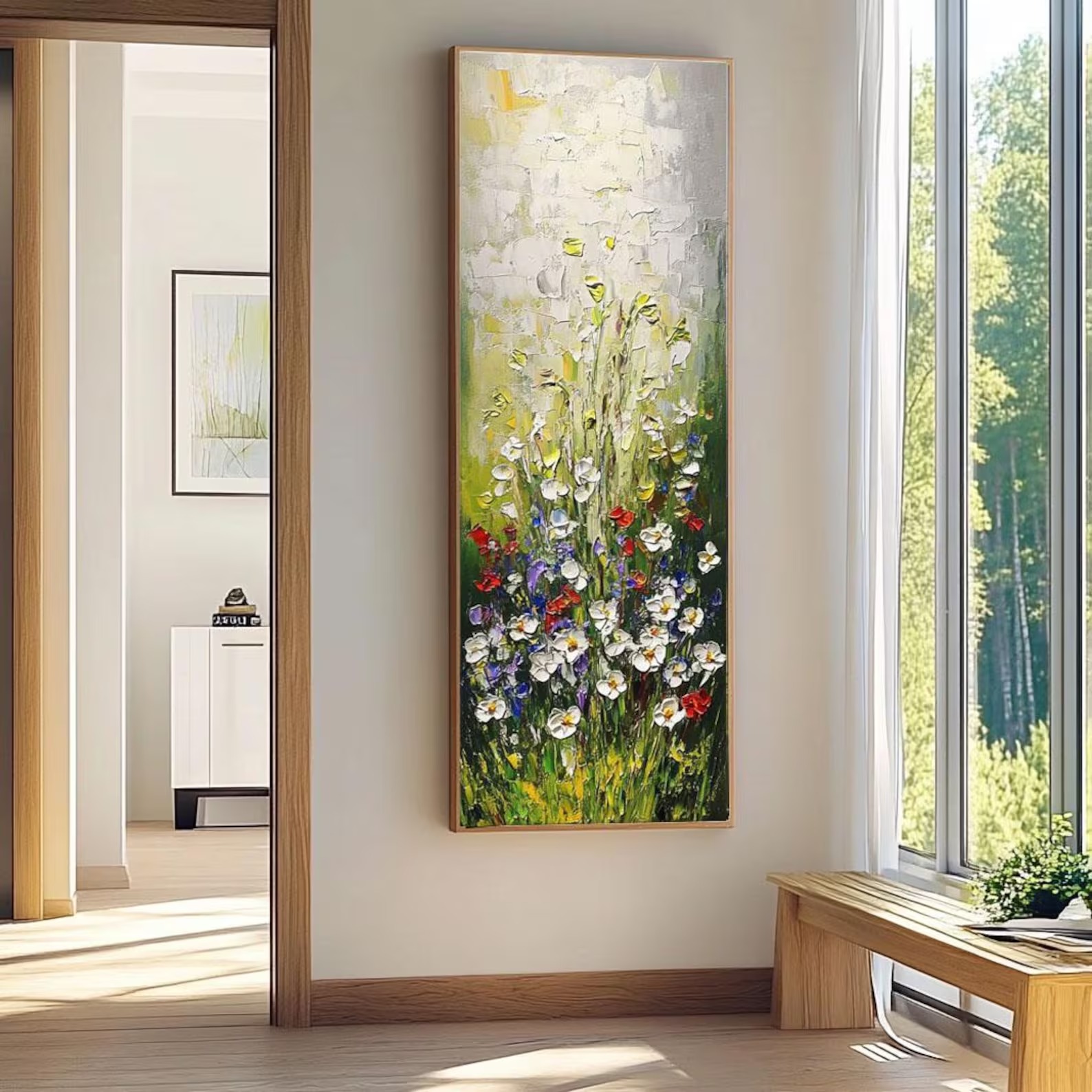 Large hand-painted floral abstract oil painting featuring vibrant wildflowers in a green field for living room wall decor.