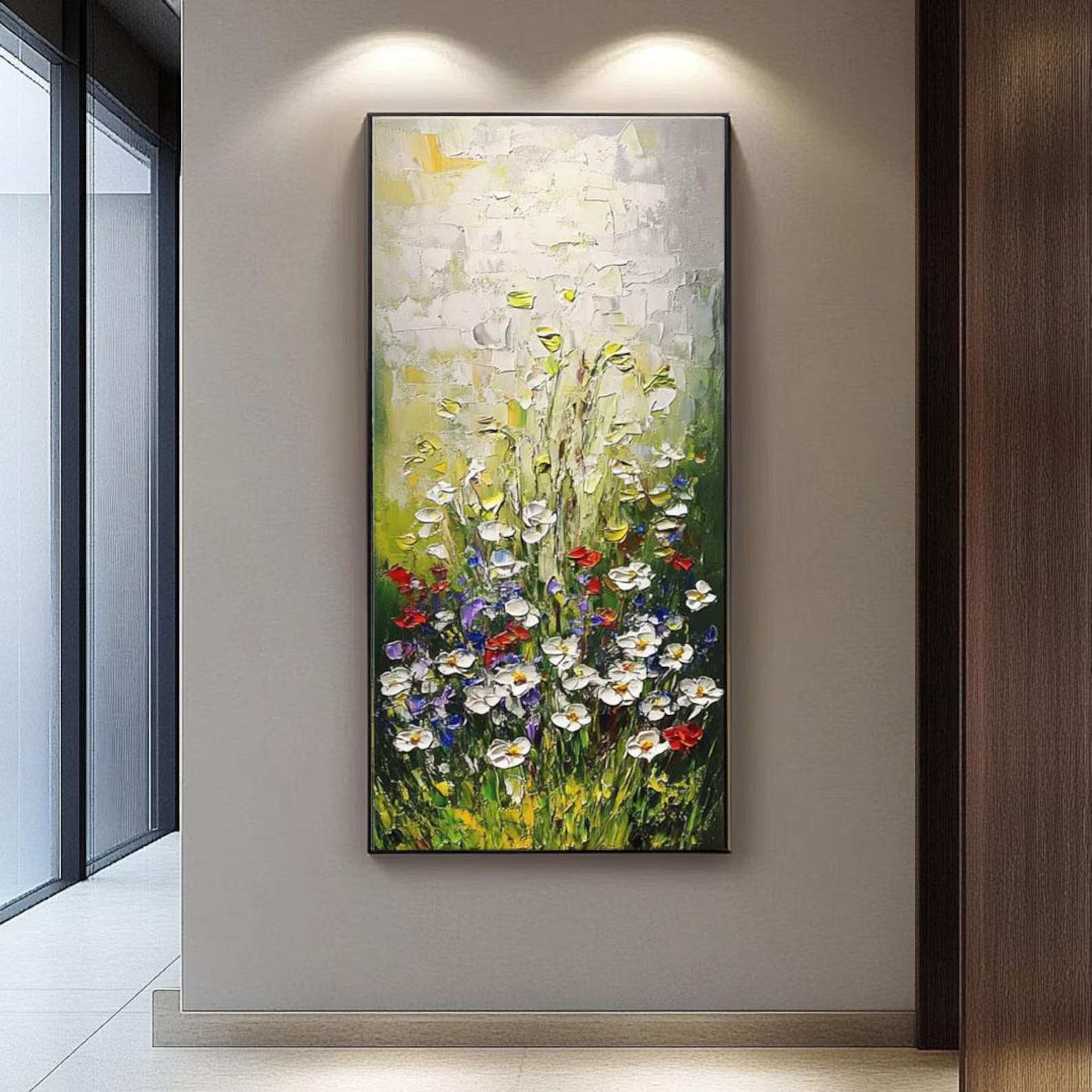 Large hand-painted floral abstract oil painting featuring vibrant wildflowers in a green field for living room wall decor.