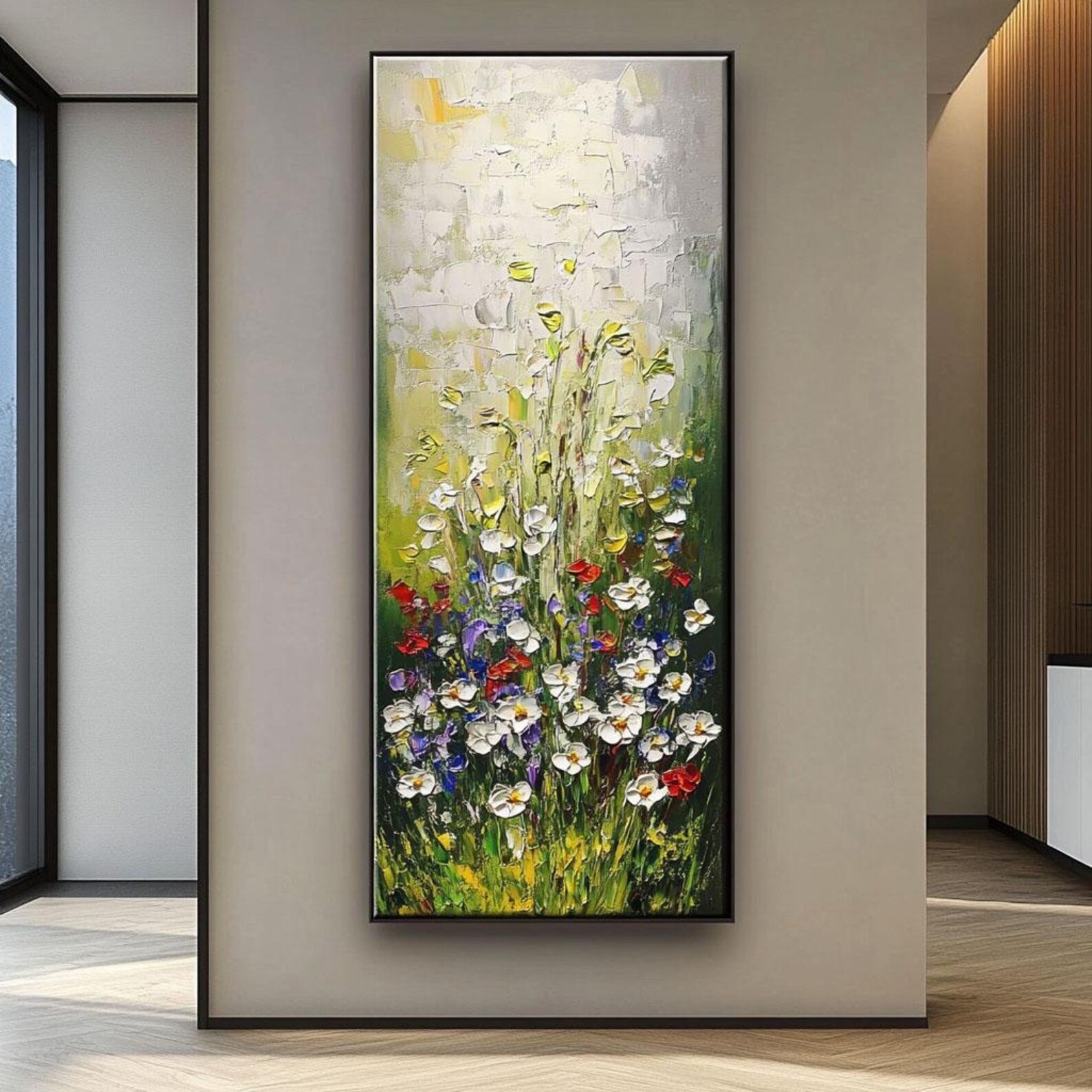 Large hand-painted floral abstract oil painting featuring vibrant wildflowers in a green field for living room wall decor.