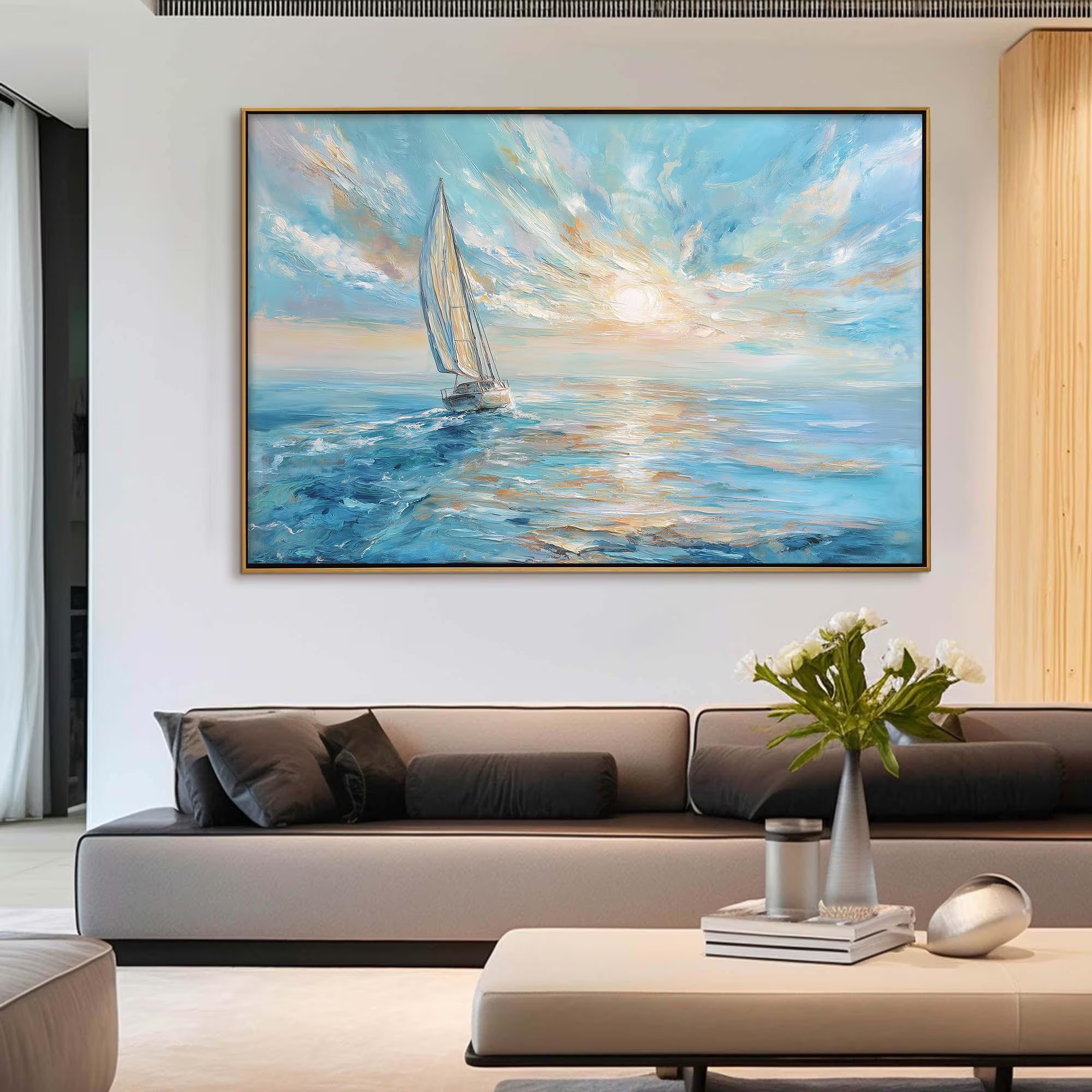 Open Tide Voyage — Hand-Painted Seascape Wall Art, Large Coastal Canvas Painting
