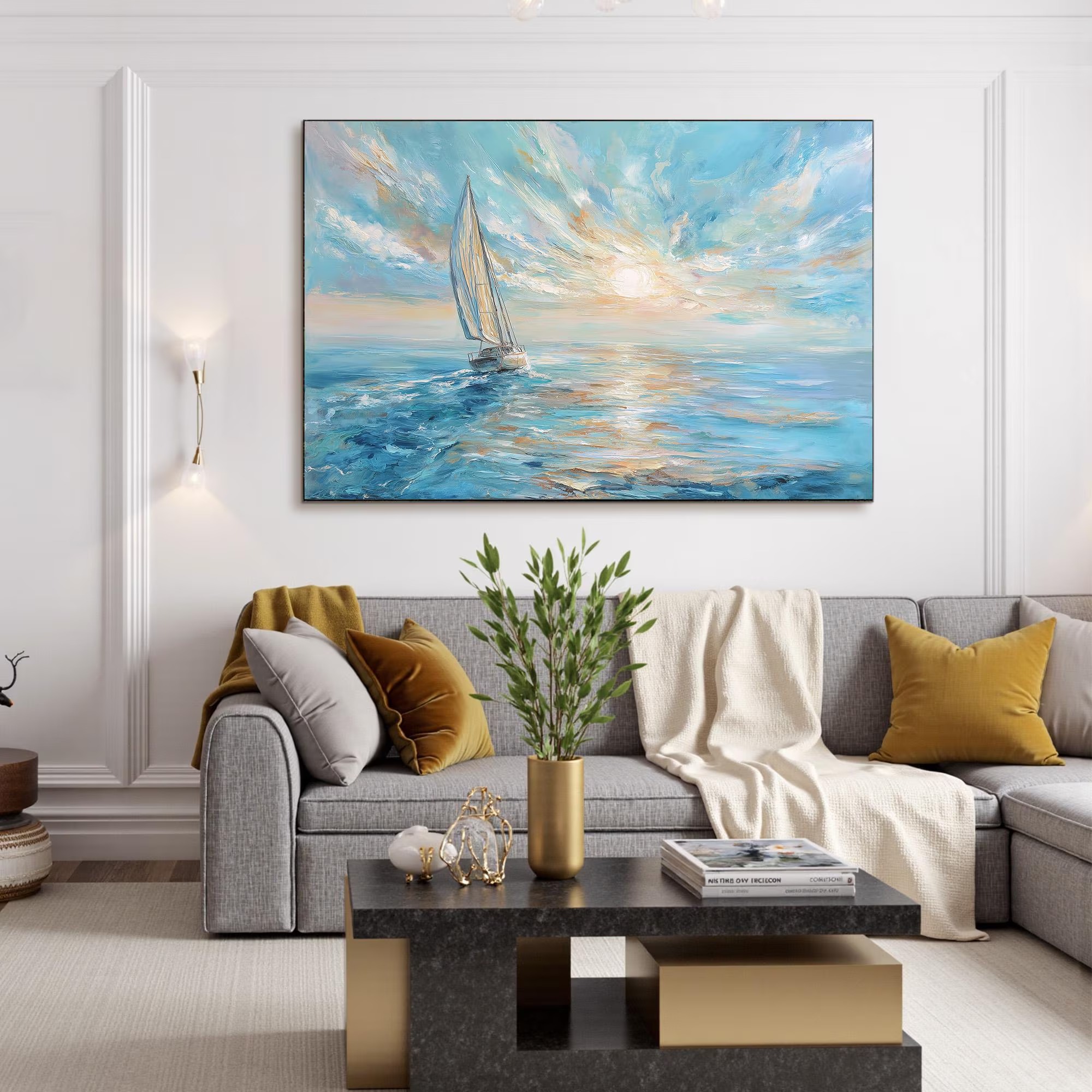 Open Tide Voyage — Hand-Painted Seascape Wall Art, Large Coastal Canvas Painting