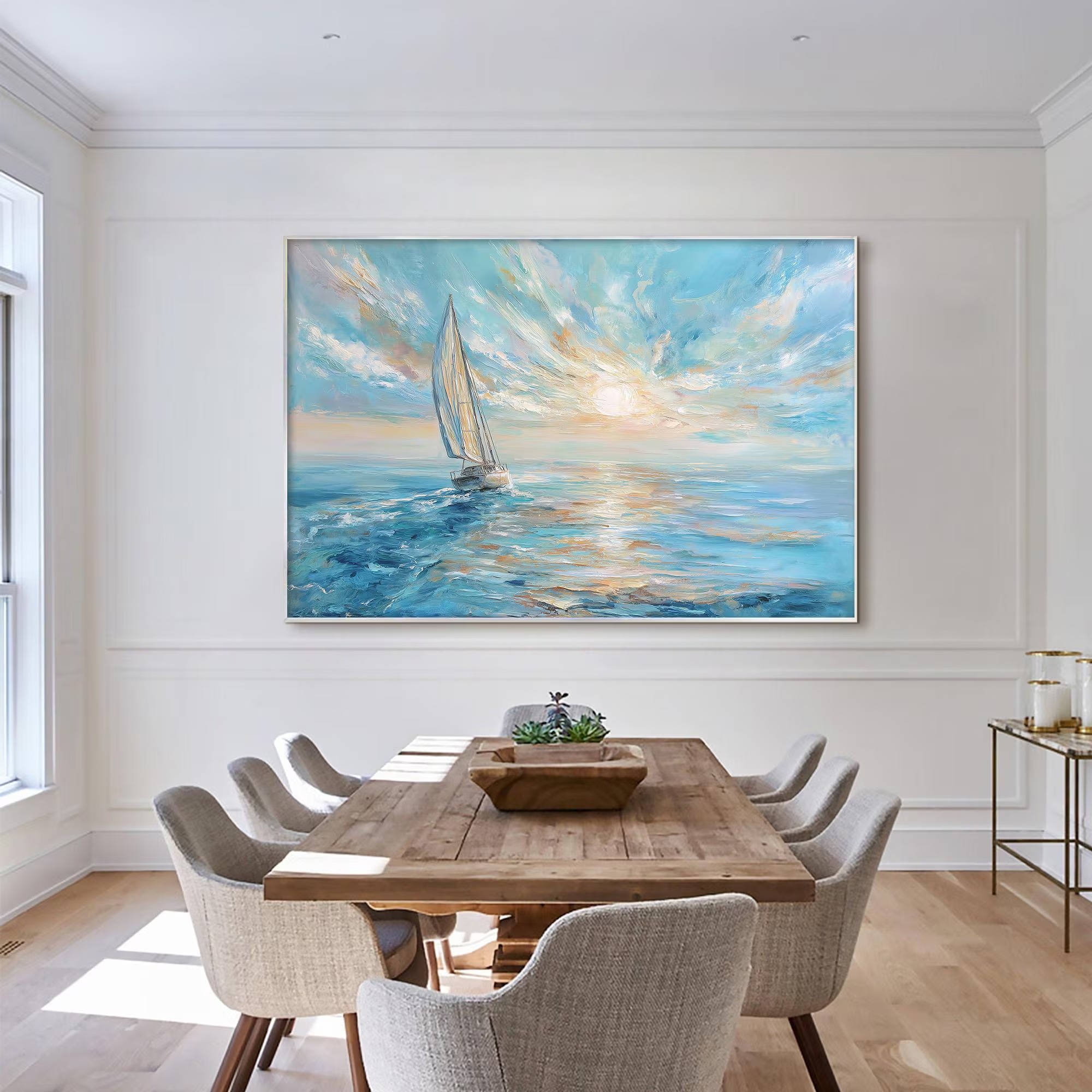 Open Tide Voyage — Hand-Painted Seascape Wall Art, Large Coastal Canvas Painting