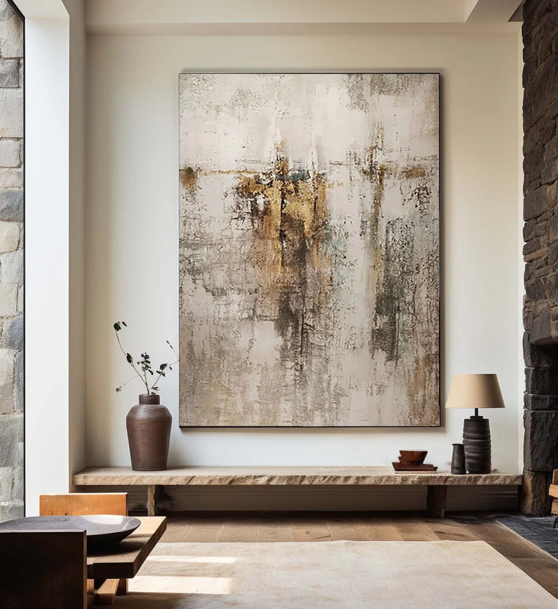 Neutral textured abstract oil painting with earthy beige and gold tones for minimalist Wabi Sabi decor