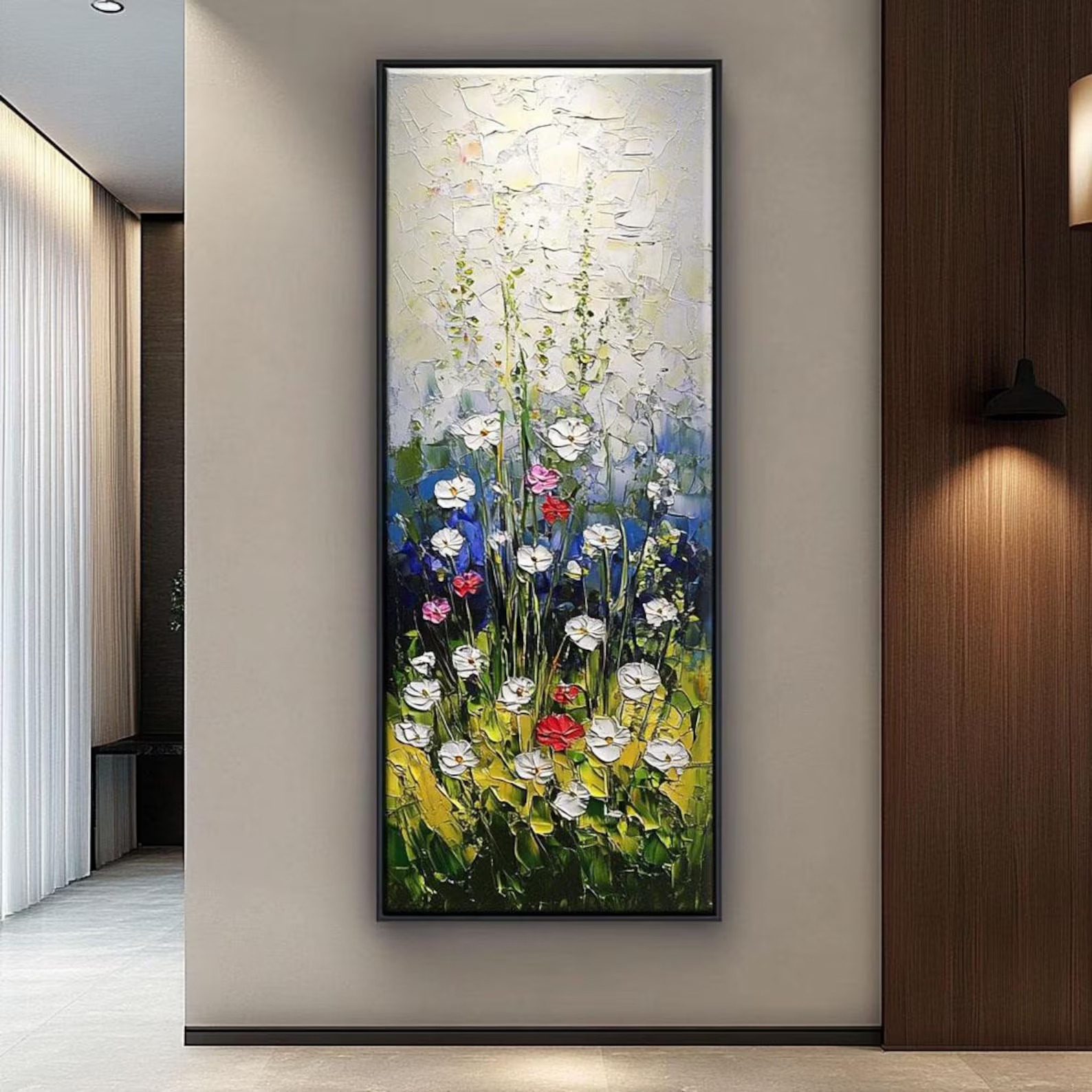 Abstract floral oil painting with vibrant wildflowers in a vertical format for living room decor.