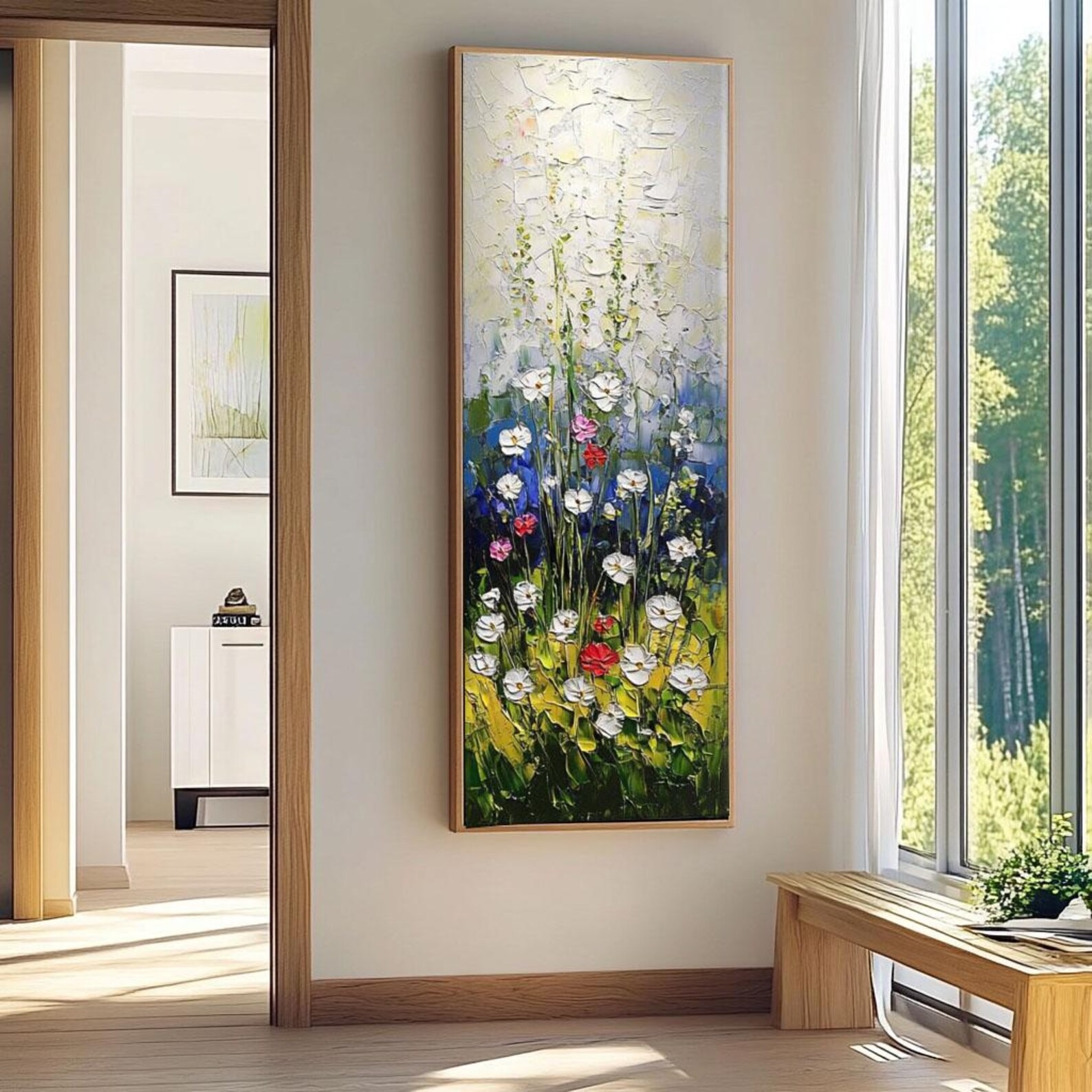 Abstract floral oil painting with vibrant wildflowers in a vertical format for living room decor.