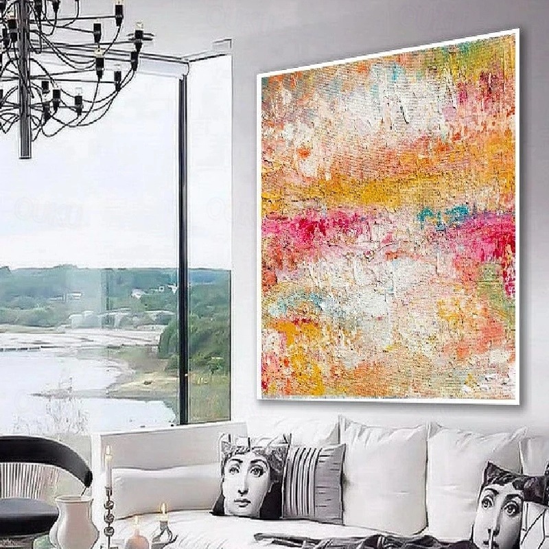 Morning Haze – Large Textured Abstract Oil Painting, Warm Minimalist Wall Art for Modern Living Room Décor