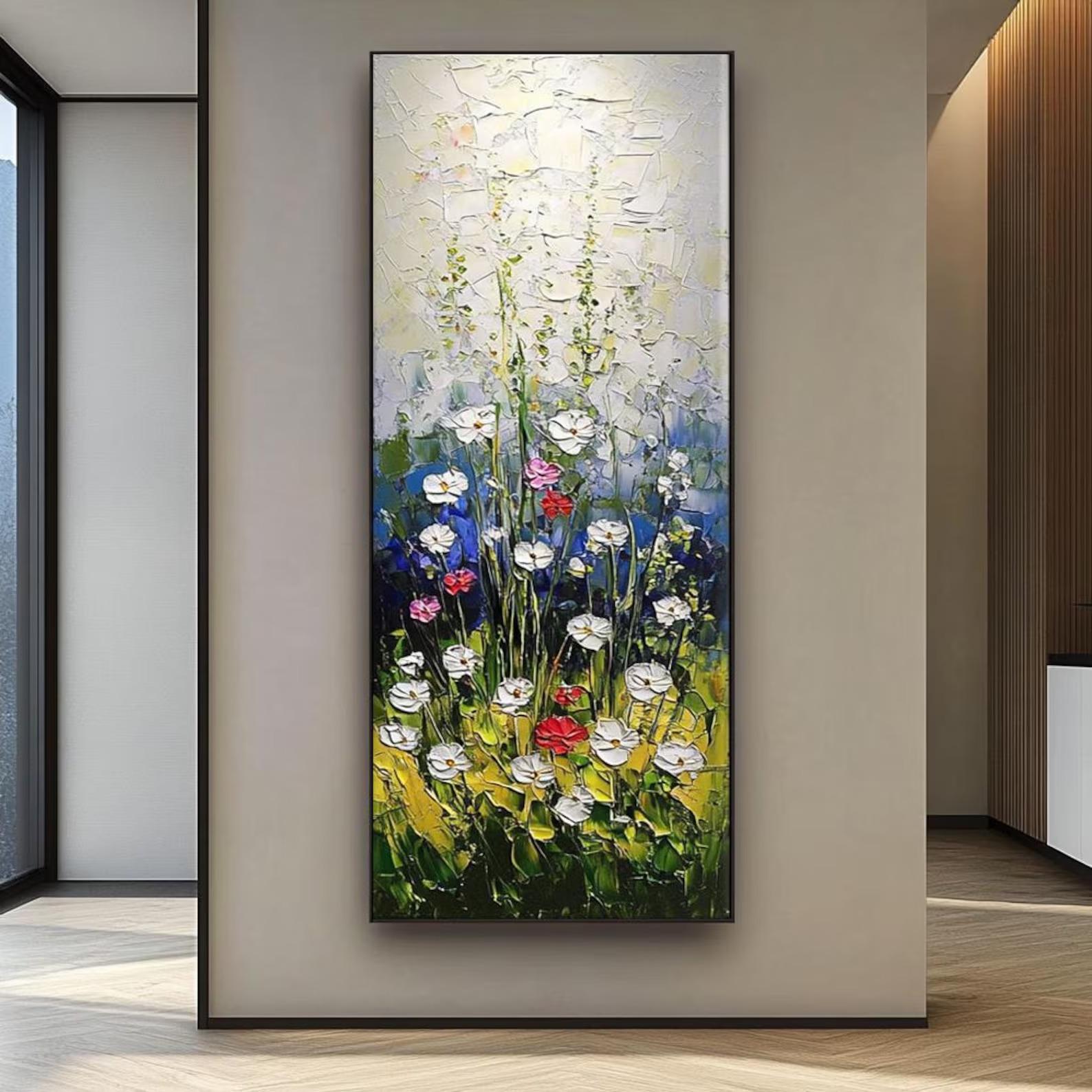 Abstract floral oil painting with vibrant wildflowers in a vertical format for living room decor.