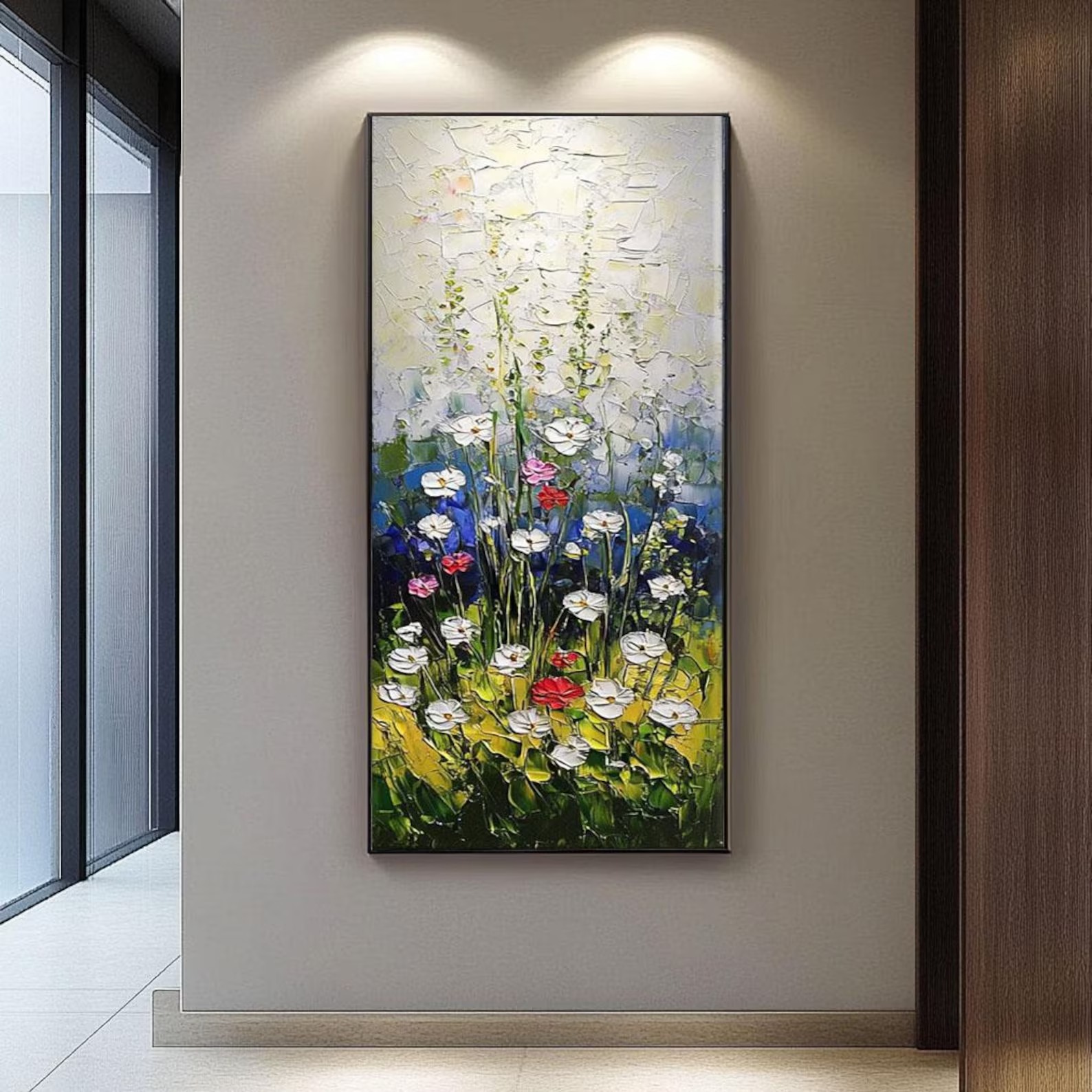 Abstract floral oil painting with vibrant wildflowers in a vertical format for living room decor.