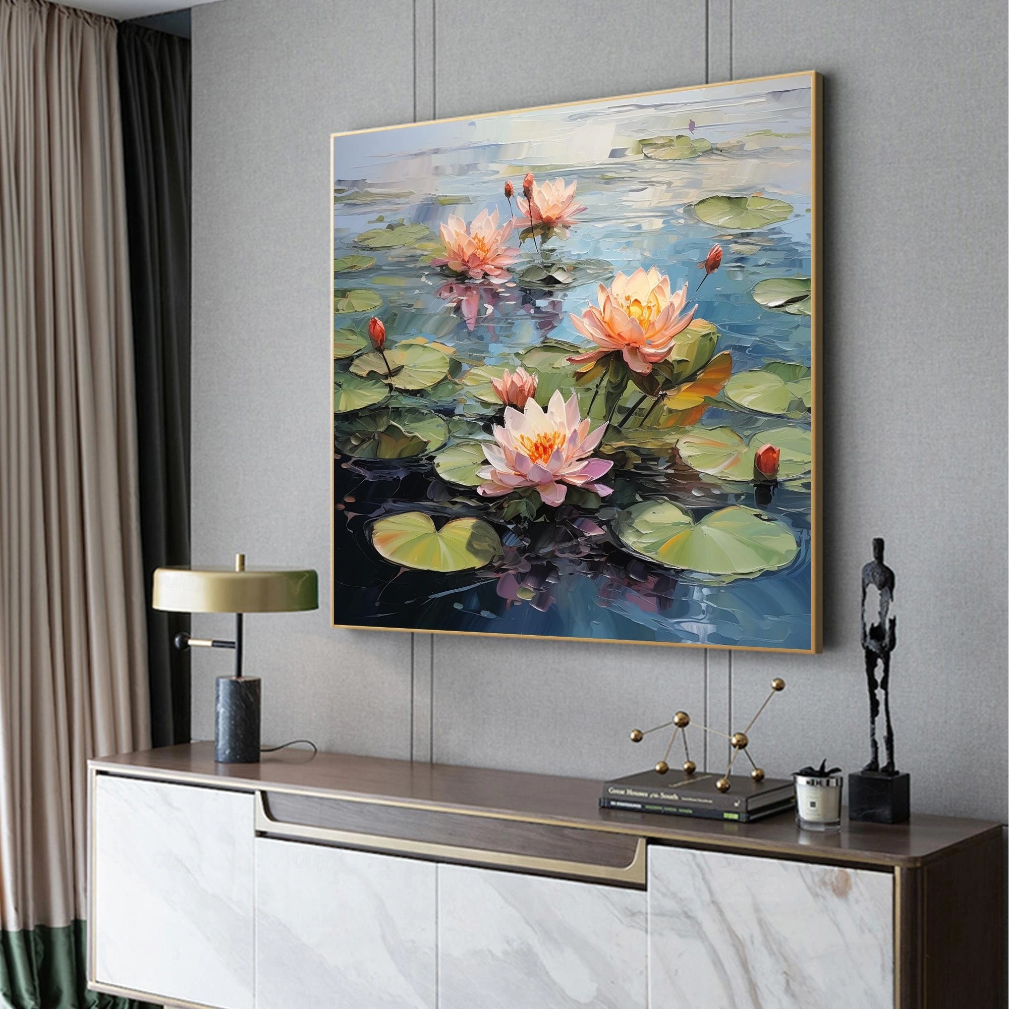 Tranquil Bloom – 3D Textured Lotus Pond Wall Art