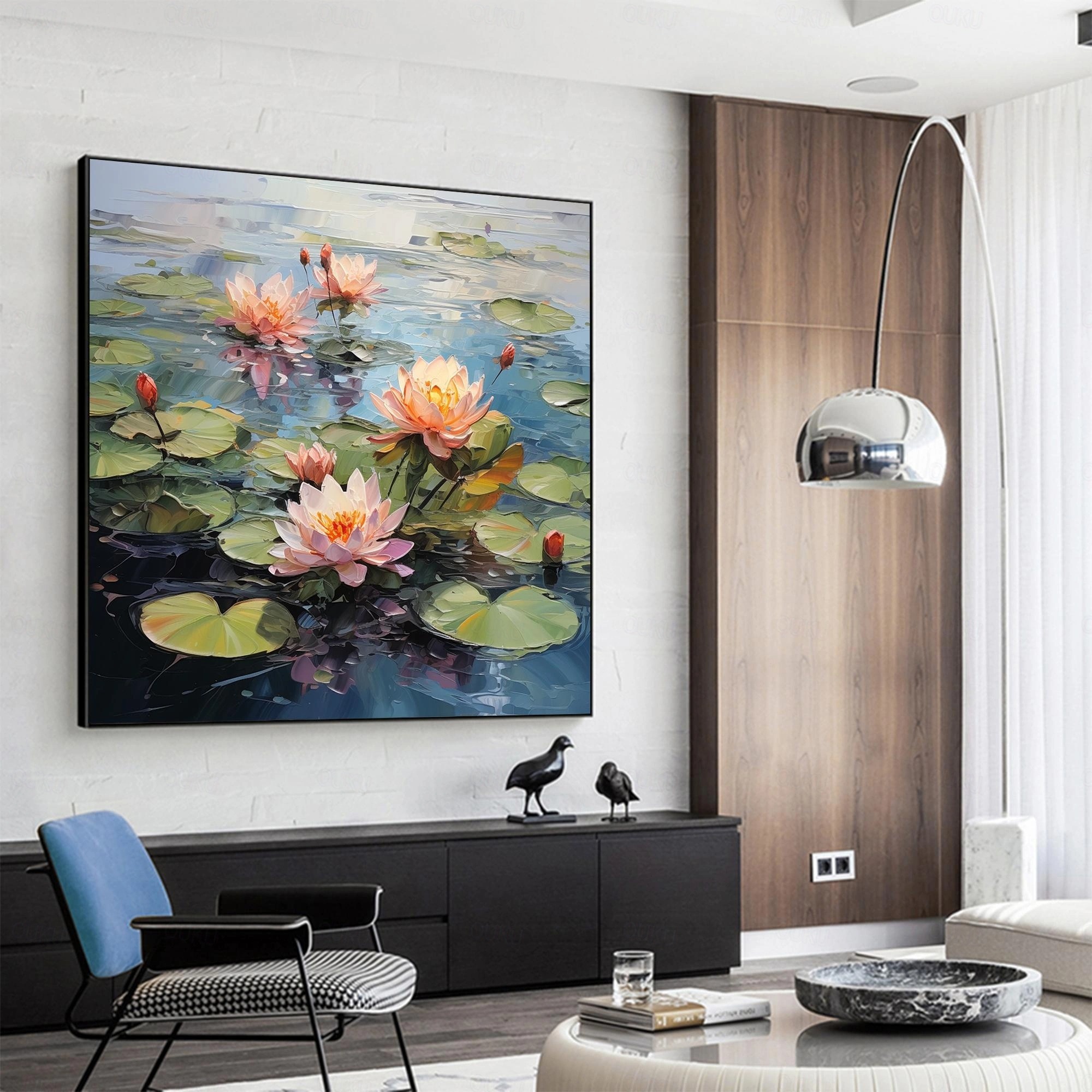 Tranquil Bloom – 3D Textured Lotus Pond Wall Art