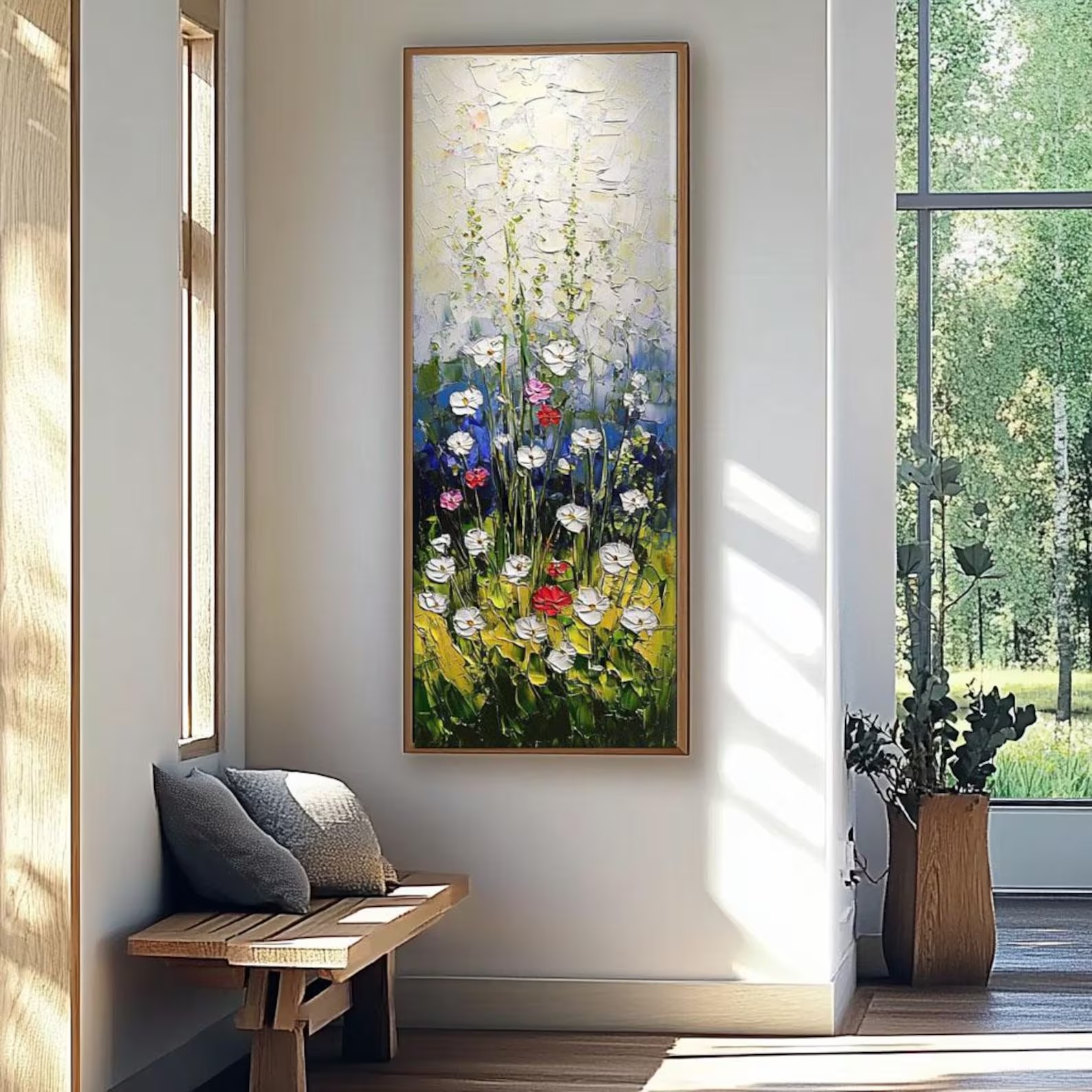 Abstract floral oil painting with vibrant wildflowers in a vertical format for living room decor.