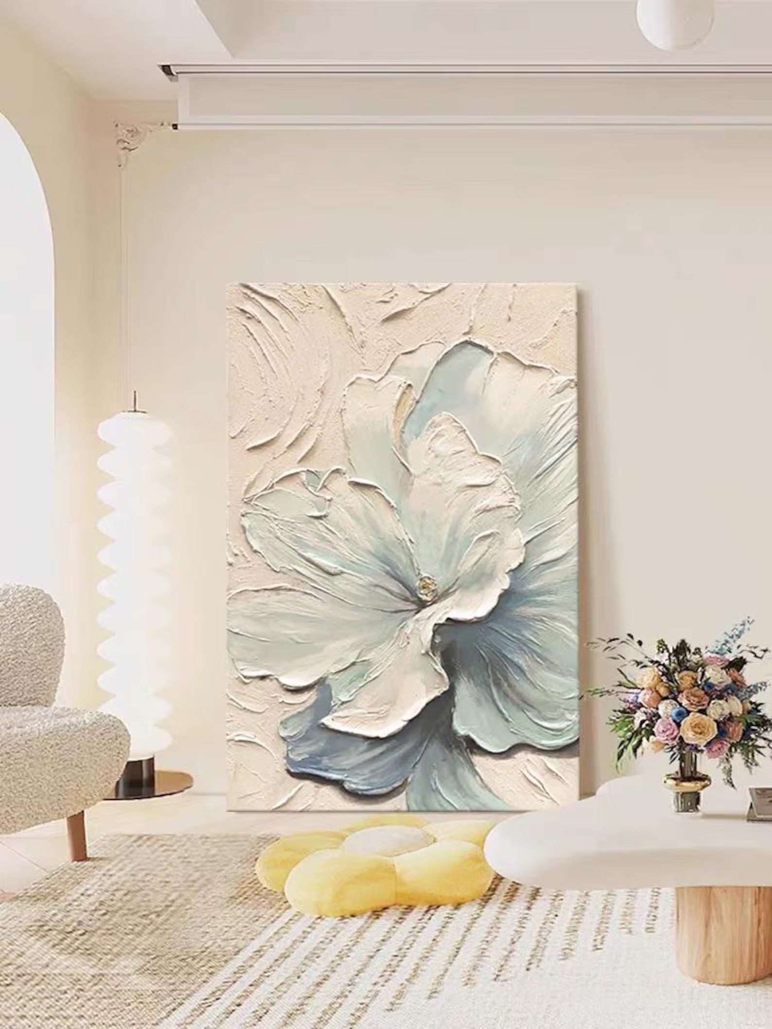 Serene Blossom – Textured Floral Canvas Painting Soft Blue White Wall Art