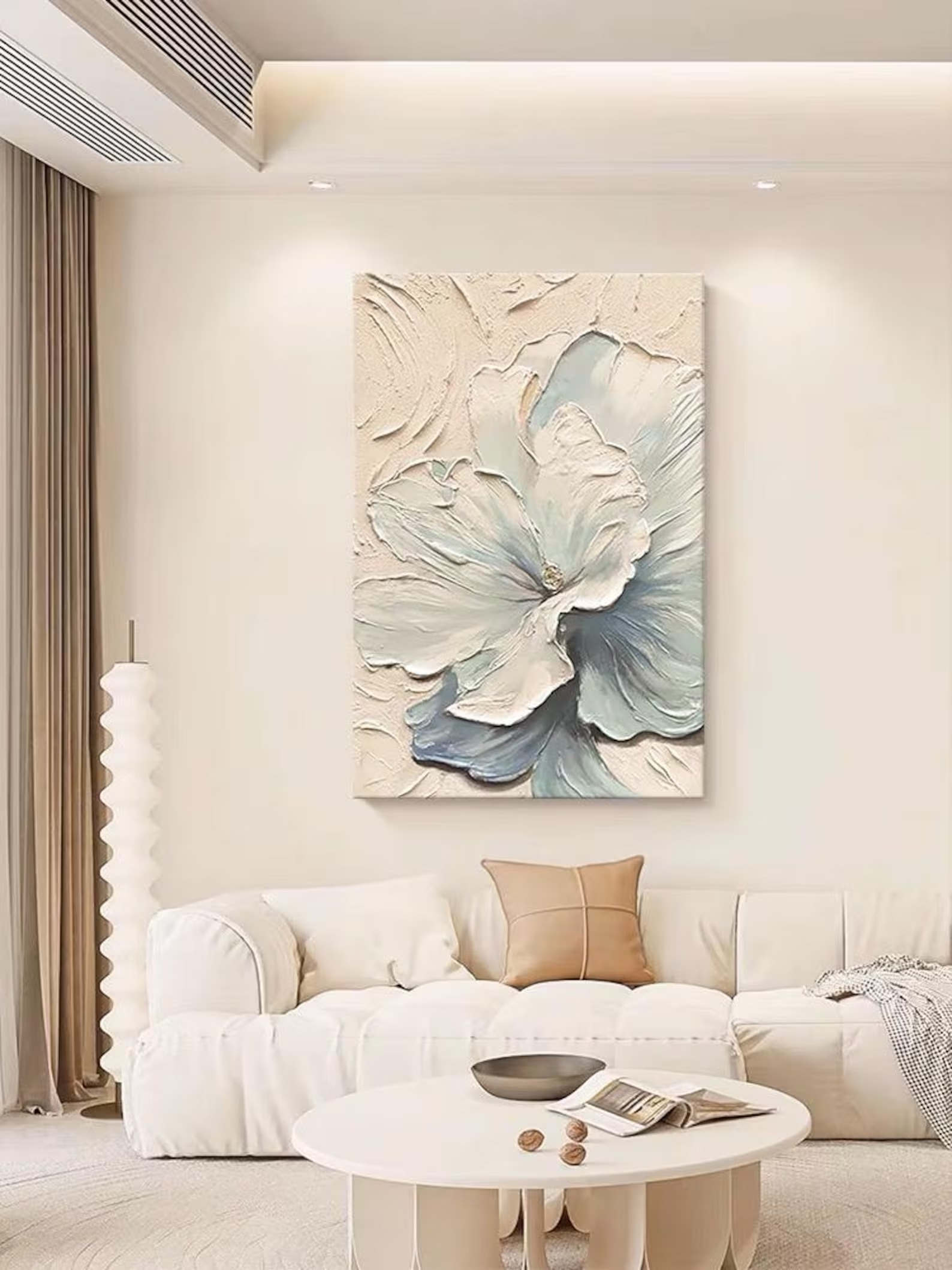 Serene Blossom – Textured Floral Canvas Painting Soft Blue White Wall Art