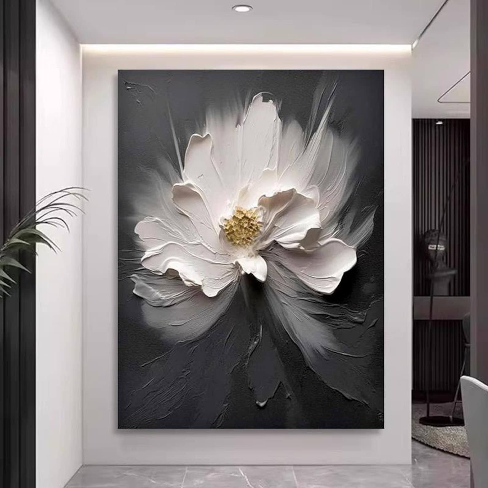 Hand-painted 3D floral textured oil painting featuring a white flower on a dark background for modern wall art.