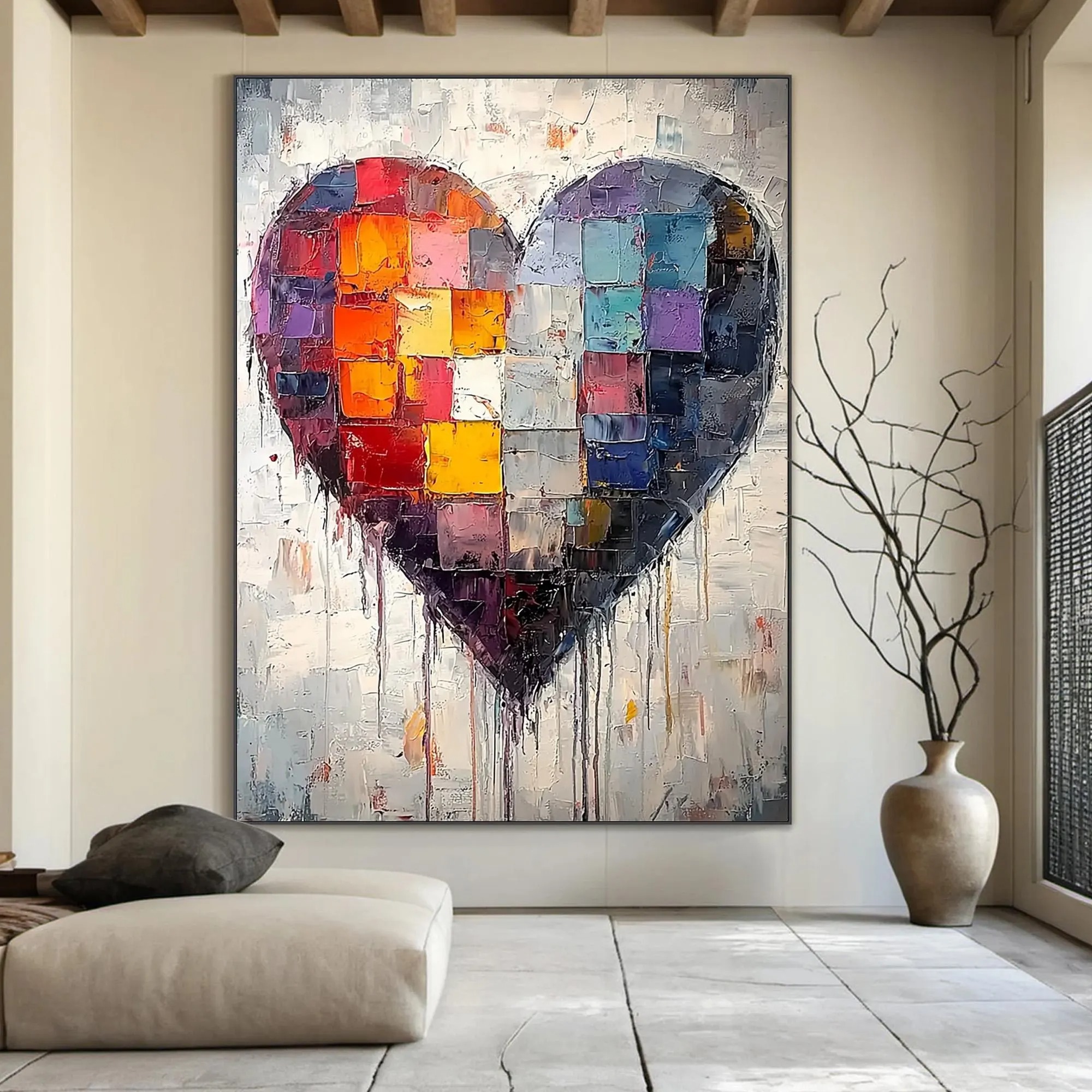 Fractured Heart – Large Textured Abstract Heart Oil Painting, Modern Romantic Wall Art for Home Décor