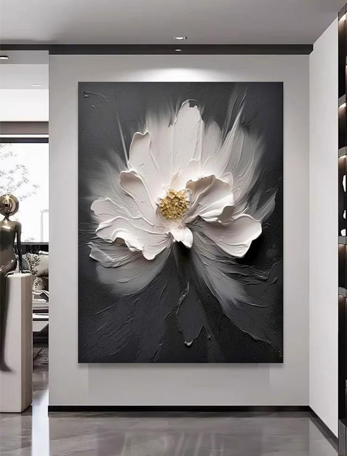 Hand-painted 3D floral textured oil painting featuring a white flower on a dark background for modern wall art.