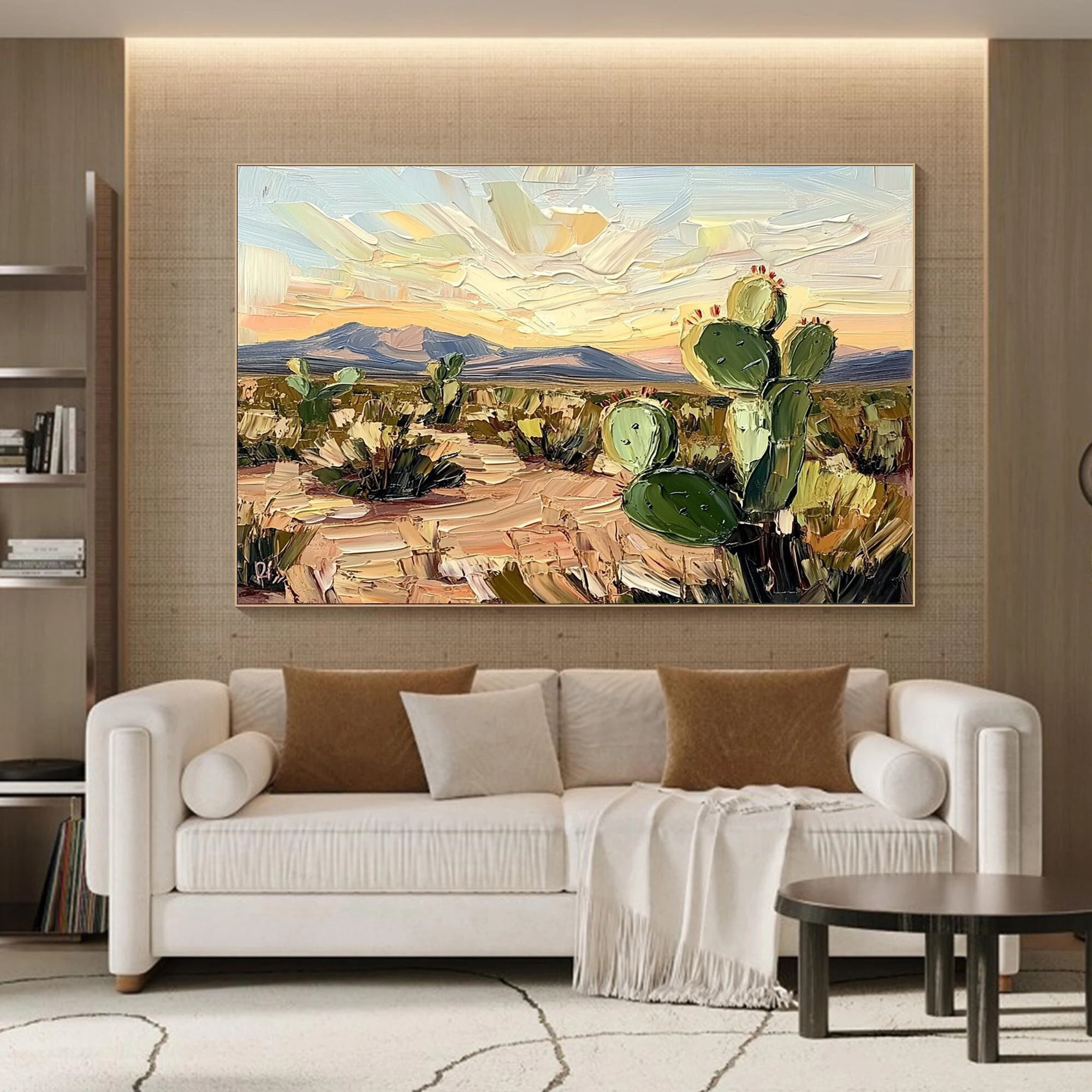 Desert Glow – Abstract Cactus Landscape Oil Painting