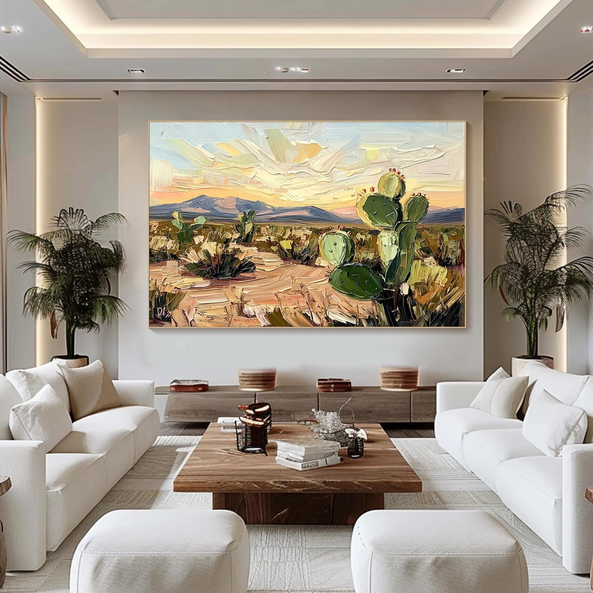 Desert Glow – Abstract Cactus Landscape Oil Painting