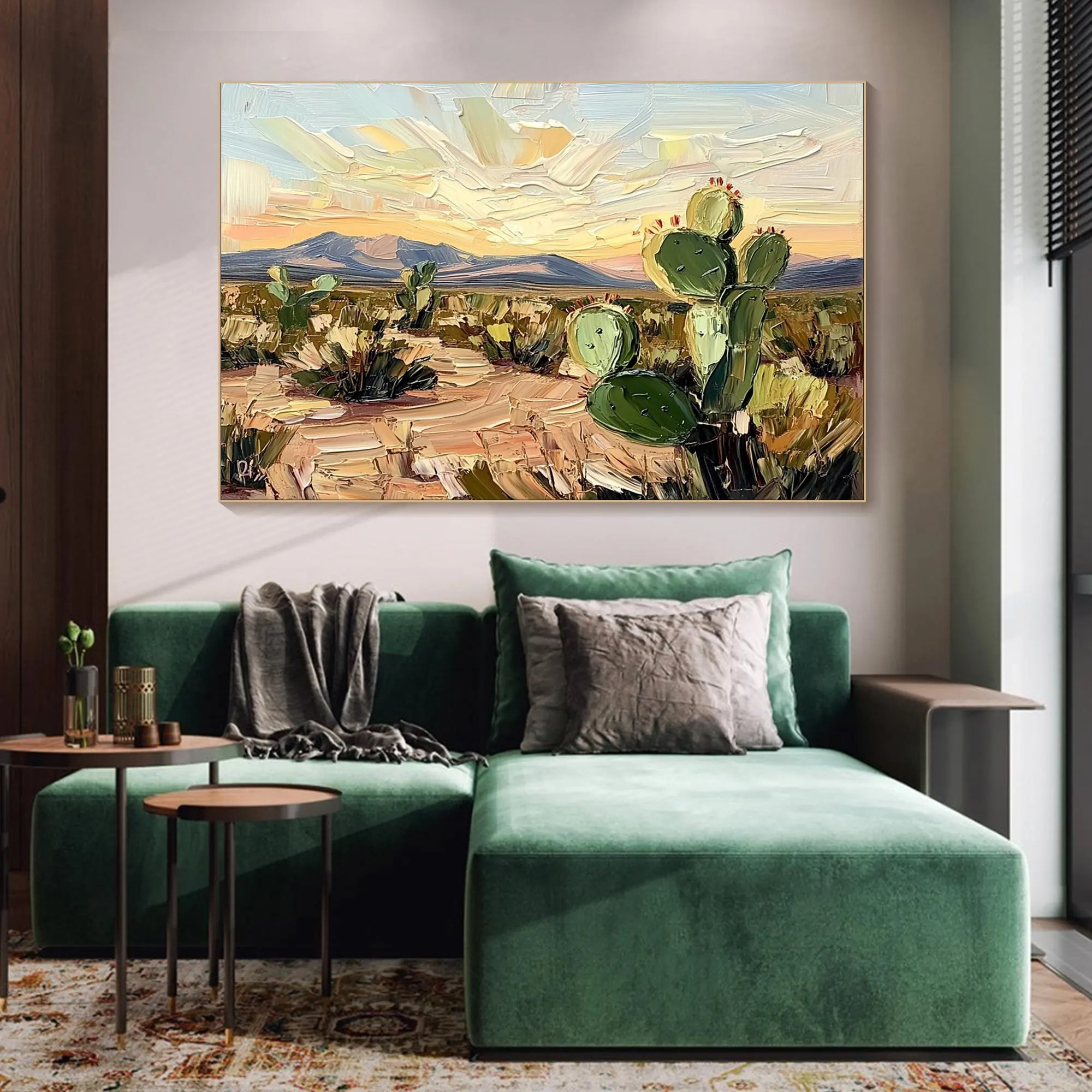 Desert Glow – Abstract Cactus Landscape Oil Painting