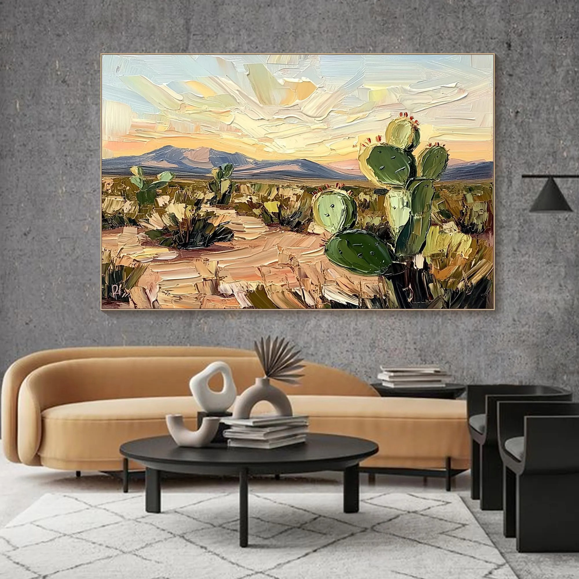 Desert Glow – Abstract Cactus Landscape Oil Painting