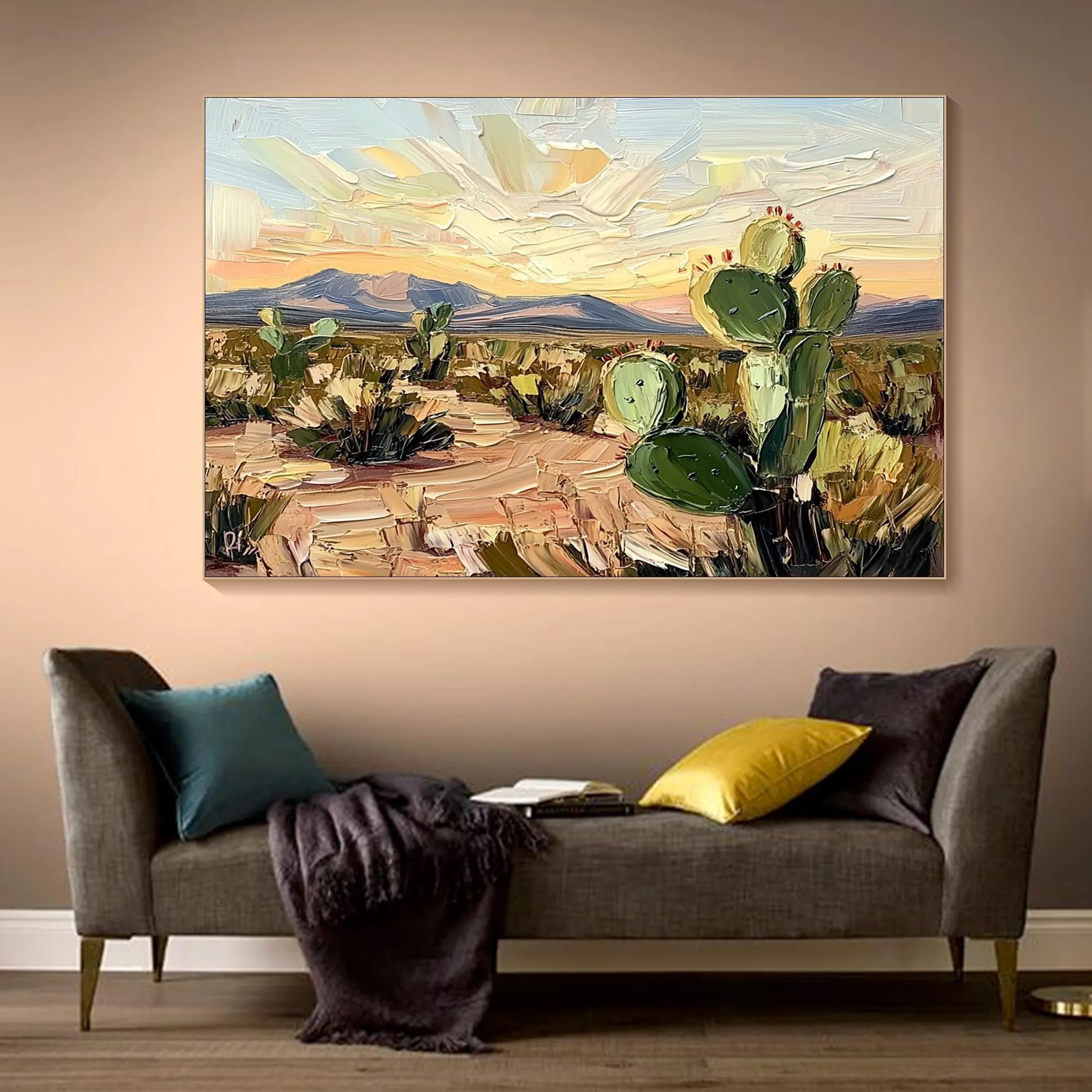 Desert Glow – Abstract Cactus Landscape Oil Painting
