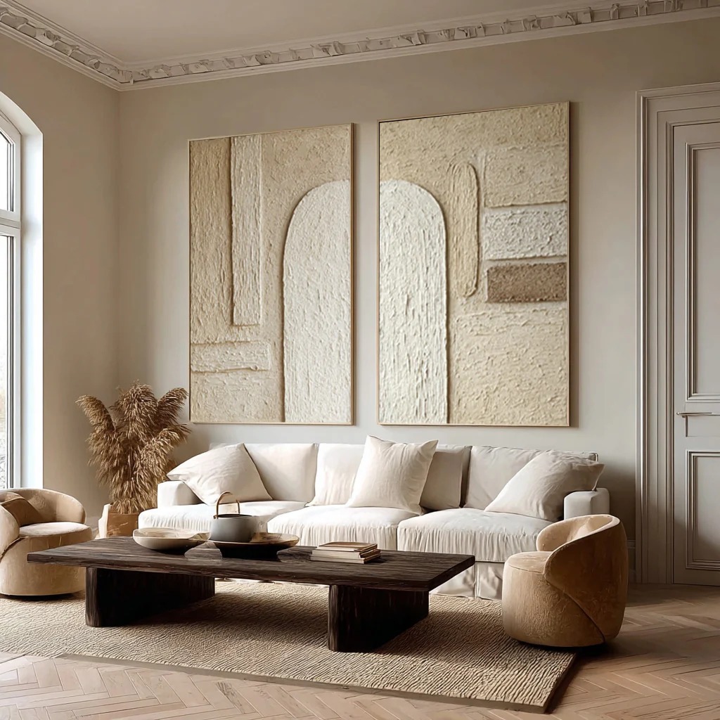 Architectural Calm – Minimalist Textured Geometric Diptych Canvas Art