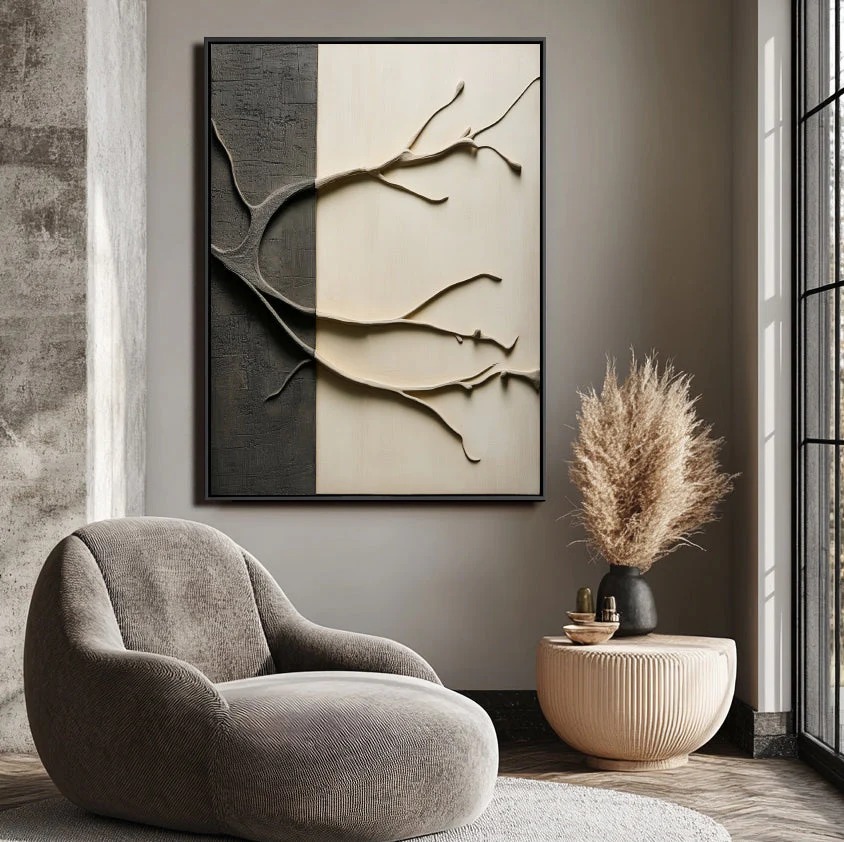 3D textured tree wall art in black and white tones, minimalist wabi-sabi abstract canvas painting