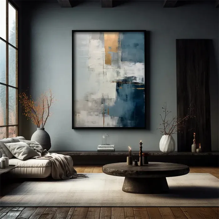 Azure Eclipse – Textured Abstract Landscape with Gold Accents