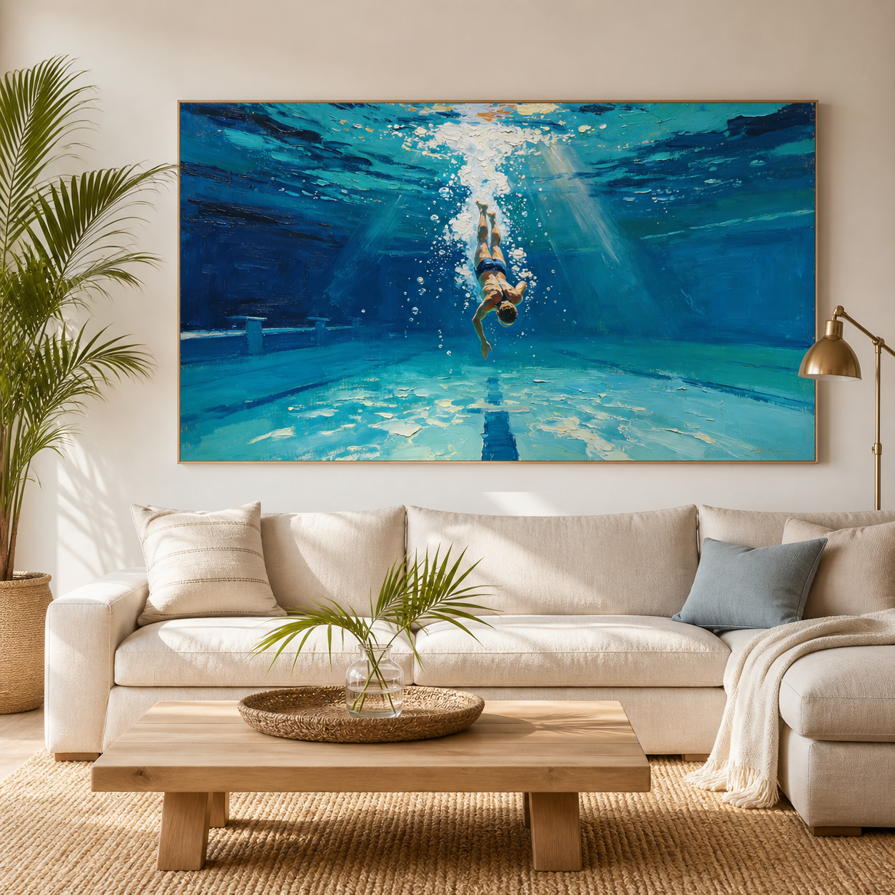 Diver descending through white bubbles and sunbeams into a blue pool with lane markings, displayed in a living room