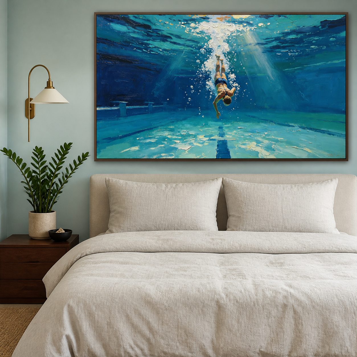 Diver descending through white bubbles and sunbeams into a blue pool with lane markings, displayed in a bedroom