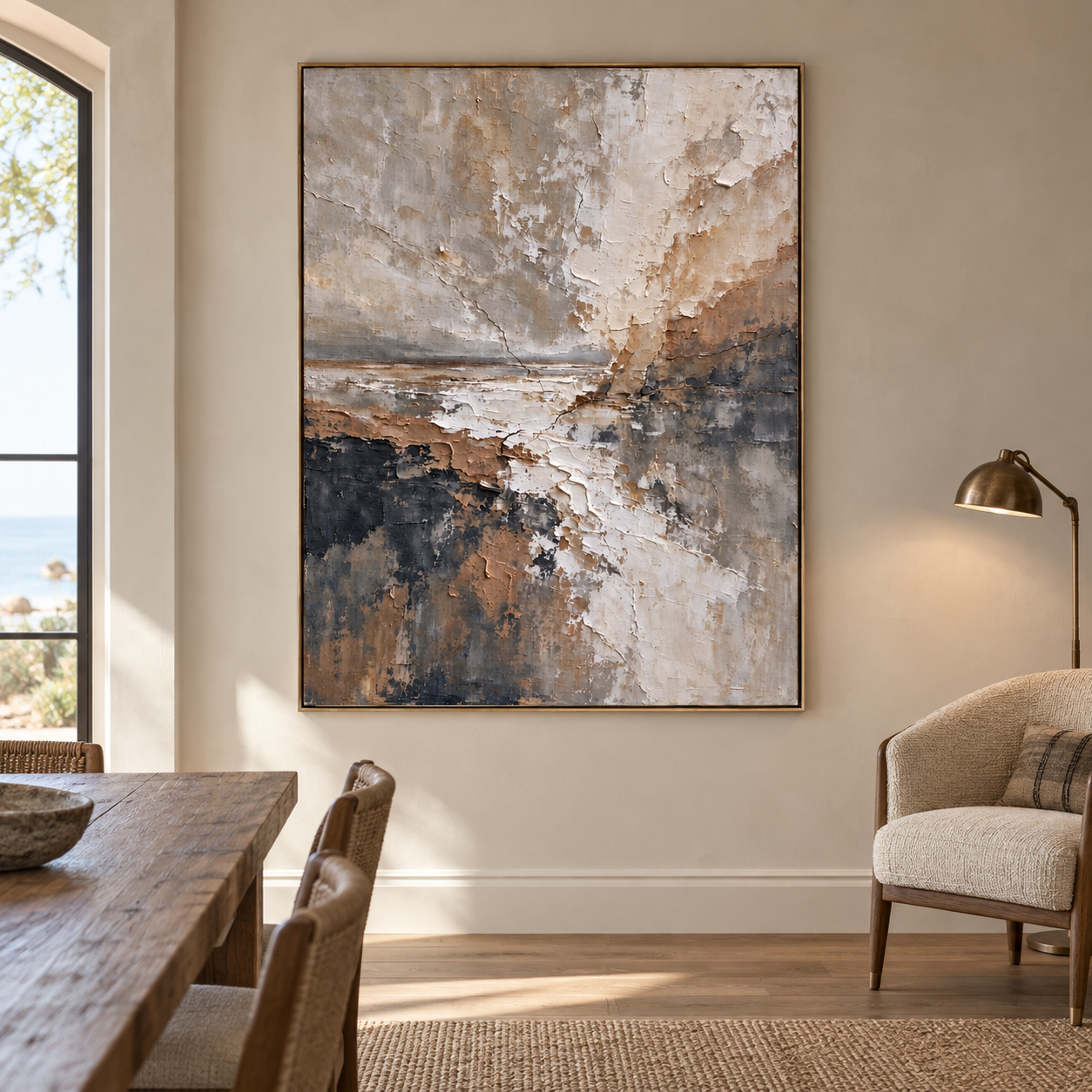 Converging ivory, taupe, and charcoal layers with pale horizontal marks, shown in a room setting