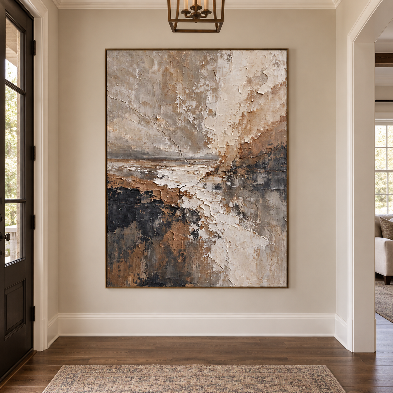Converging ivory, taupe, and charcoal layers with pale horizontal marks, shown in a room setting